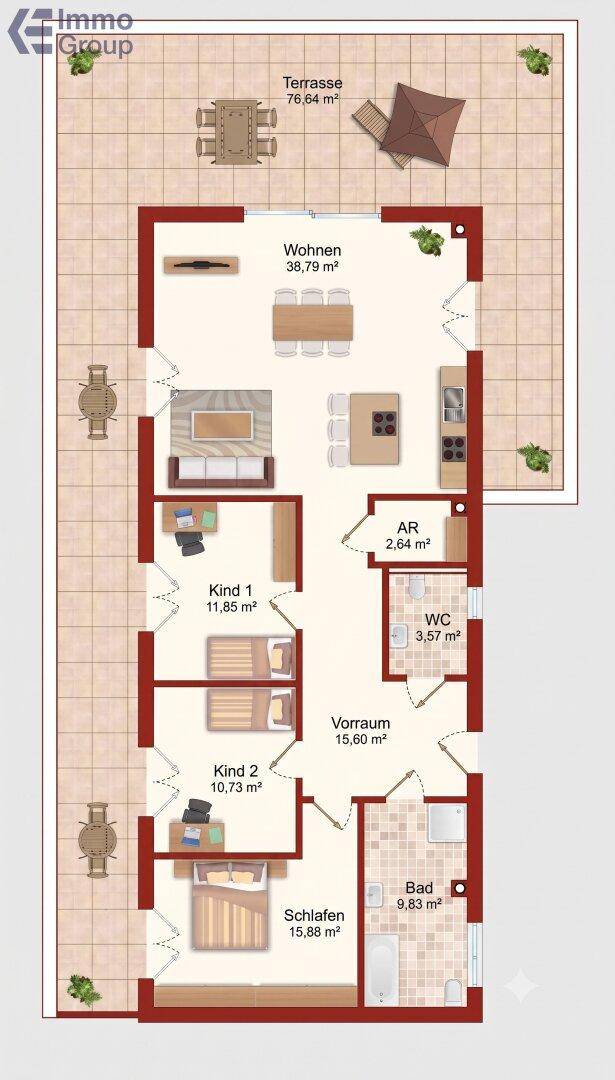 Detaillierter Grundriss einer Wohnung mit drei Schlafzimmern und großer Terrasse.