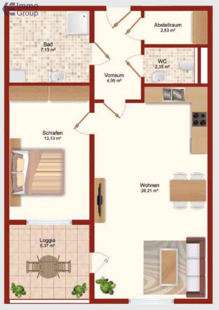 Detaillierter Grundriss einer Wohnung mit Wohnzimmer, Schlafzimmer, Bad, WC und Loggia.