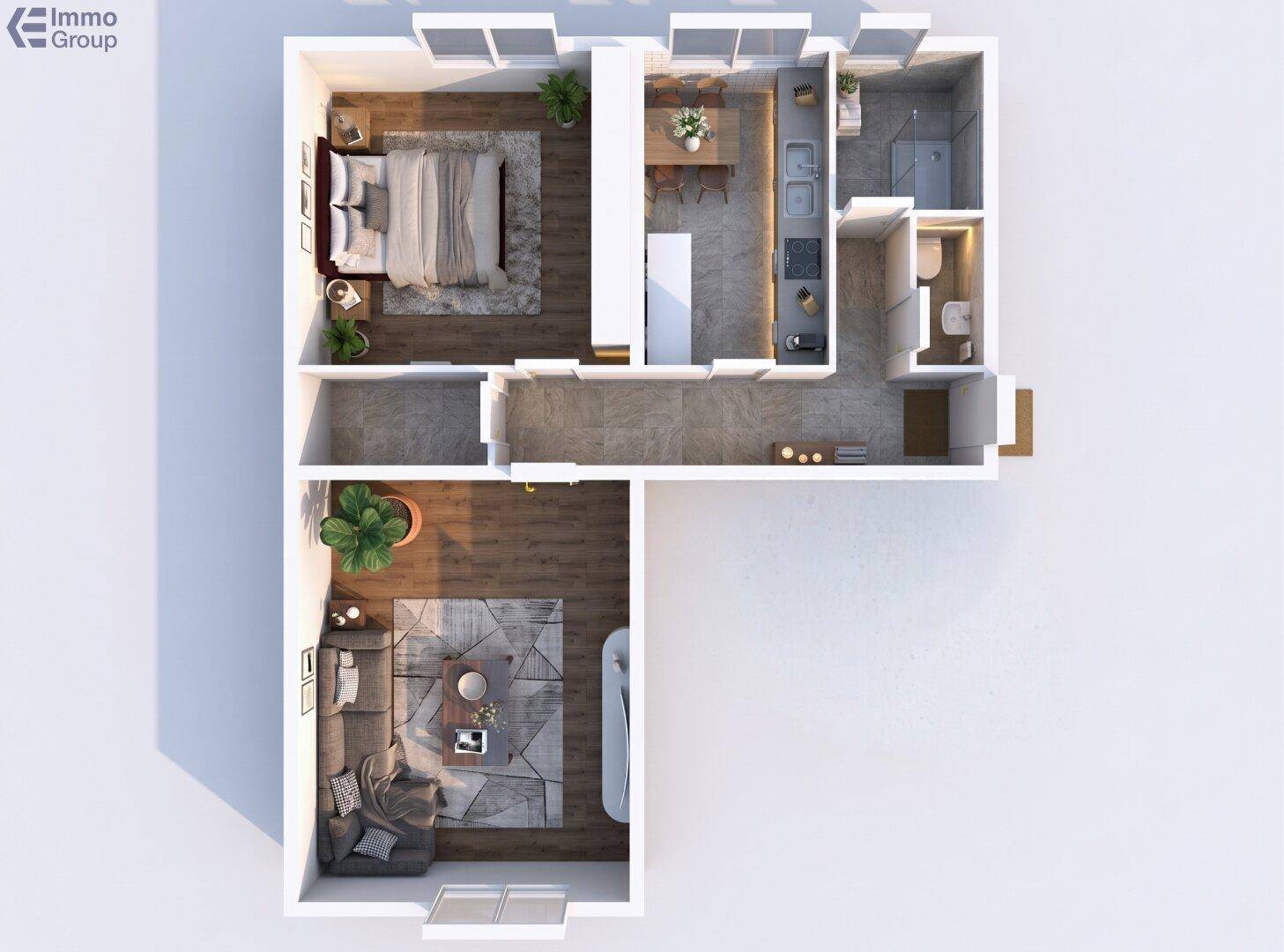 3D-Grundriss der Wohnung mit offenem Wohnbereich, Schlafzimmer und zwei Bädern.