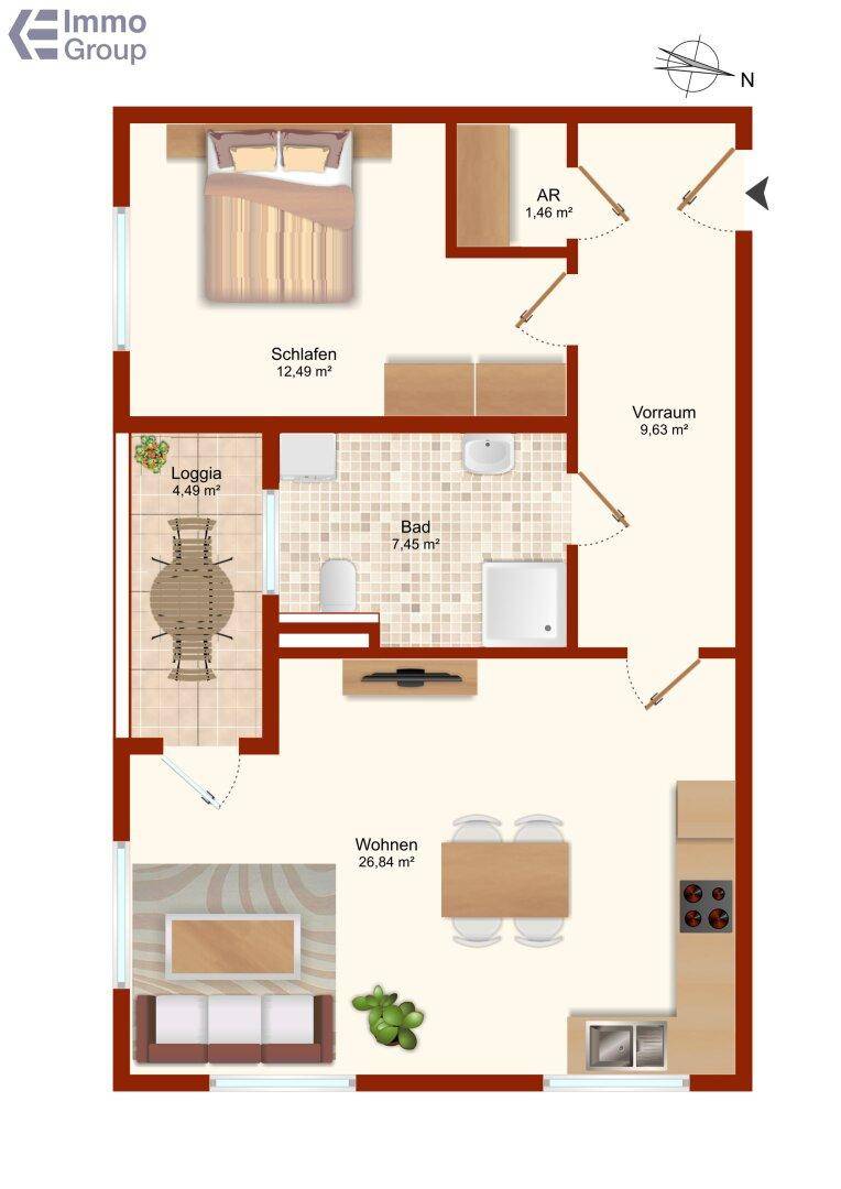 Detaillierter Grundriss einer Wohnung mit Schlafzimmer, Bad, Loggia und offenem Wohnbereich.