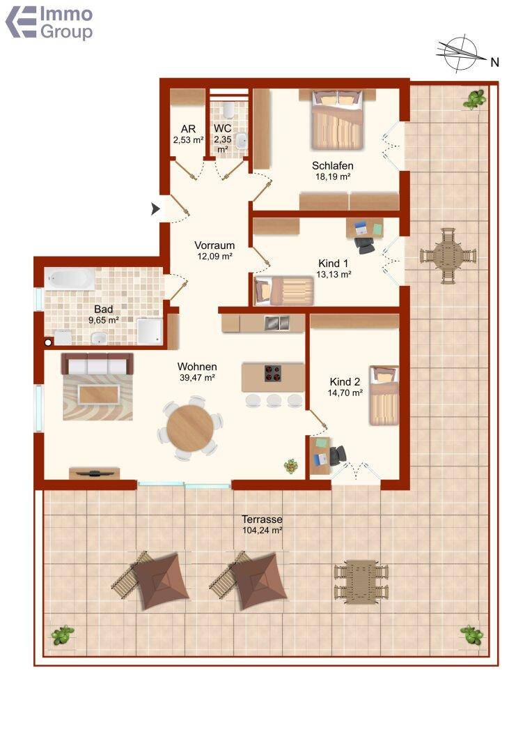 Detaillierter Grundriss einer modernen Wohnung mit drei Schlafzimmern und großer Terrasse.
