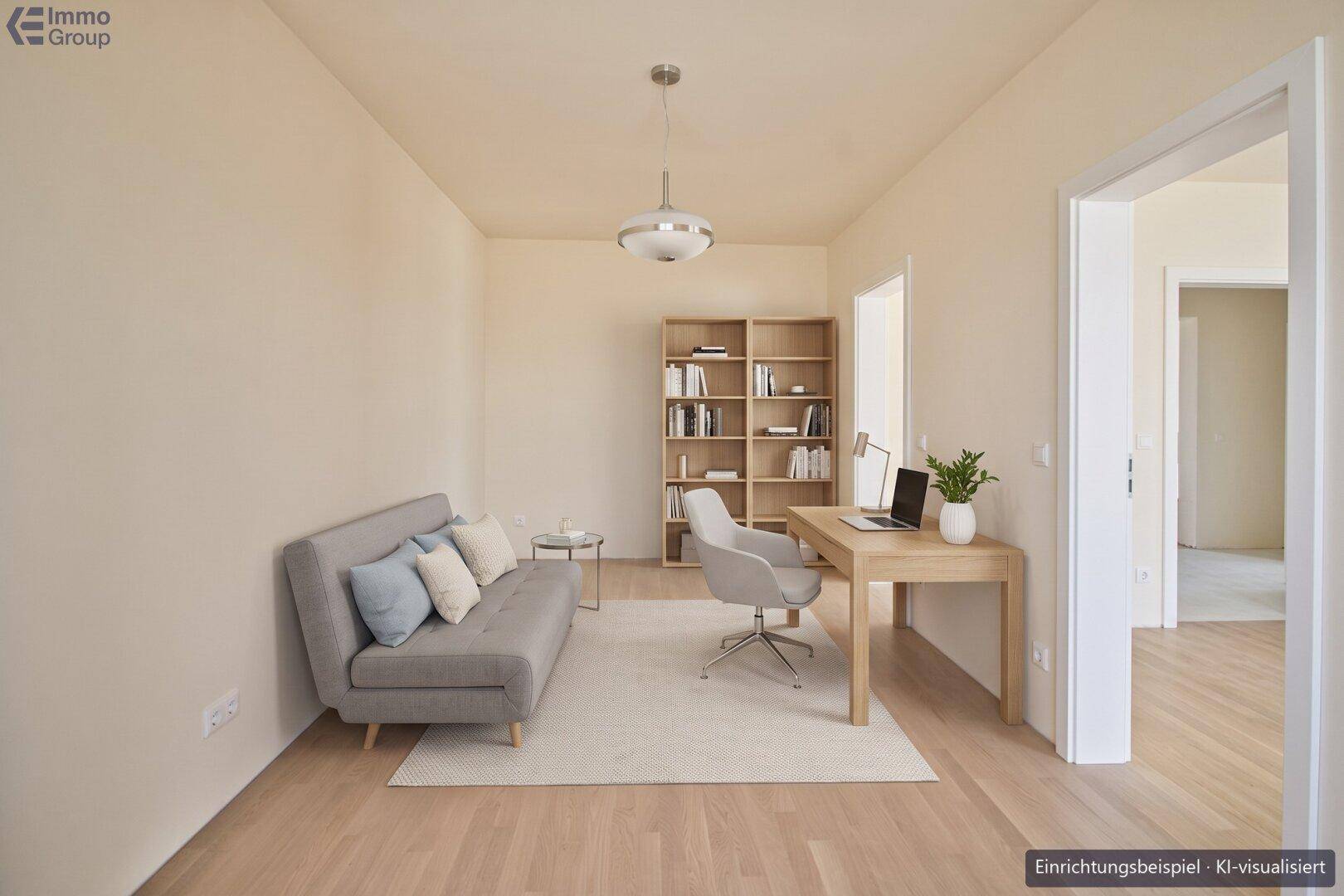 KI-visualisiertes Büro oder Arbeitszimmer mit Sofa, Schreibtisch und Bücherregal in hellen Farben.