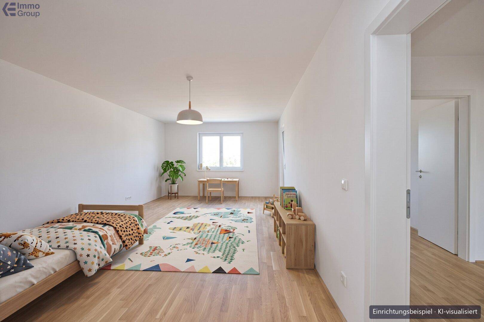 KI-visualisiertes Kinderzimmer mit Bett, kleinem Tisch und farbenfrohem Teppich.