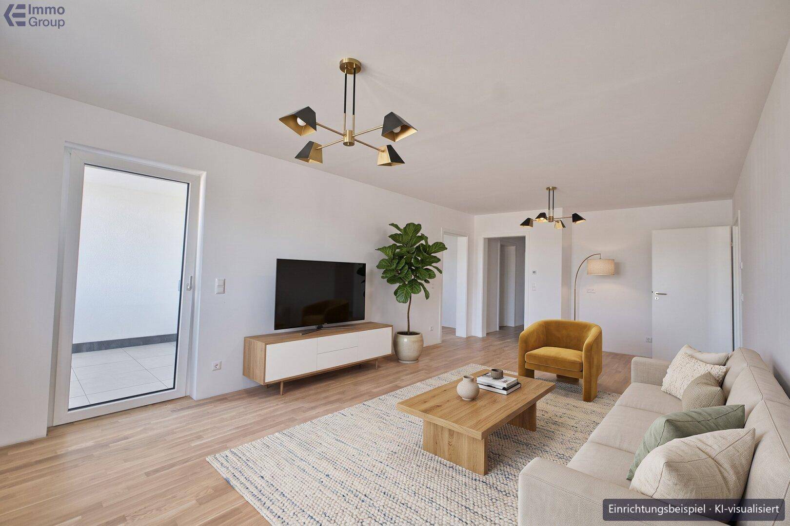 Modern eingerichtetes Wohnzimmer mit Holzboden, stilvoller Beleuchtung und Zugang zum Balkon.
