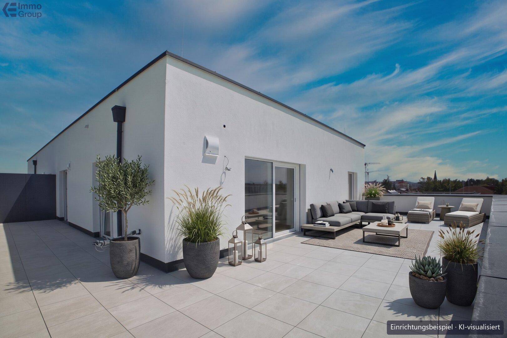 Großzügige Dachterrasse mit modernen Lounge-Möbeln und Pflanzen für entspannte Stunden.