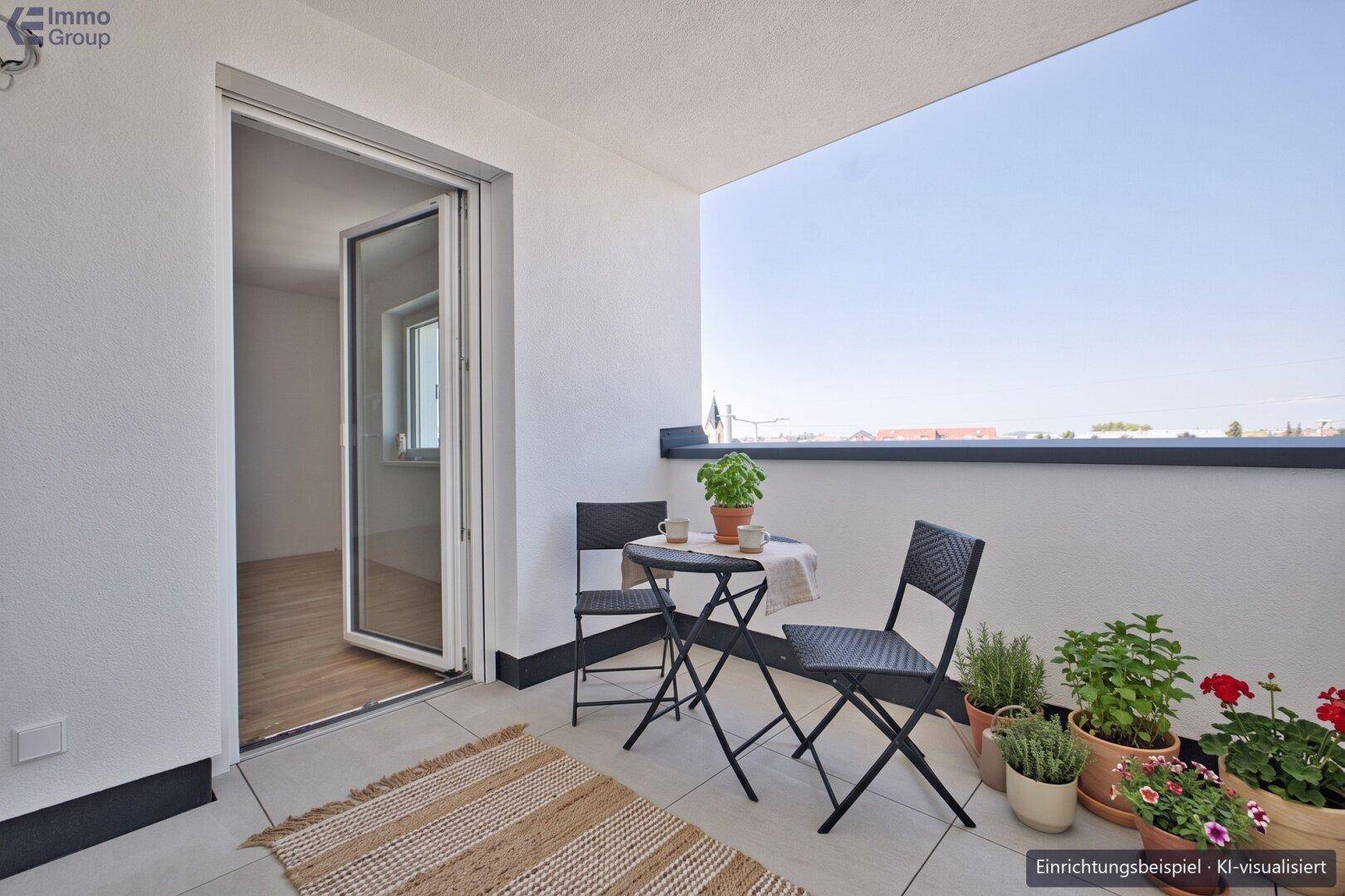 Gemütlicher Balkon mit Fliesenboden, Sitzgelegenheiten und Pflanzen, ideal zum Entspannen im Freien.