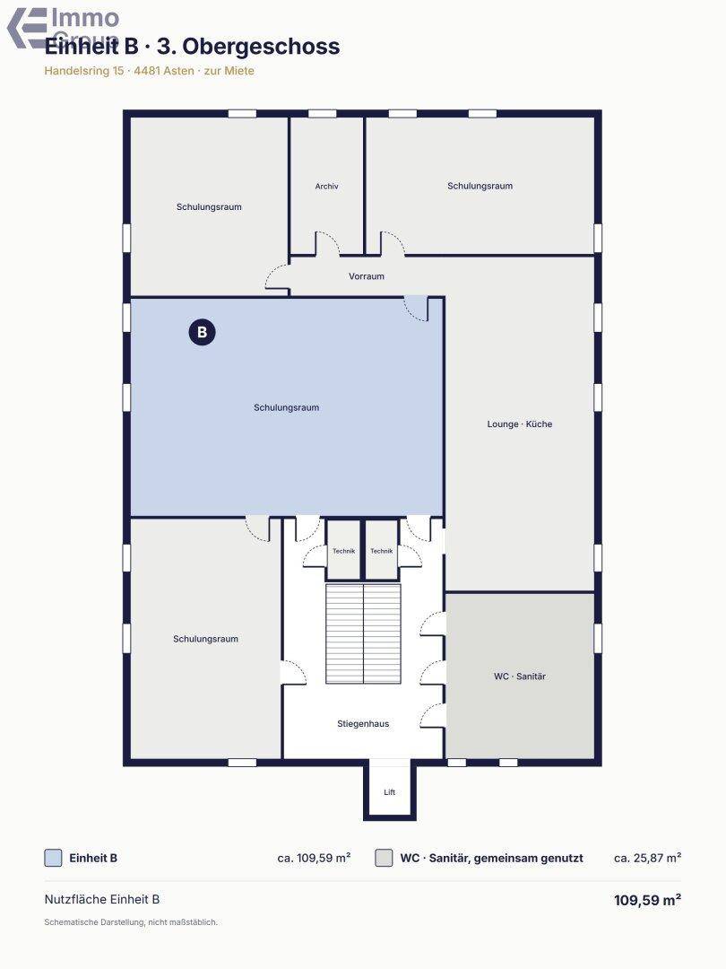Grundriss der Einheit B im dritten Obergeschoss mit mehreren Schulungsräumen, Lounge und Sanitärbereichen.