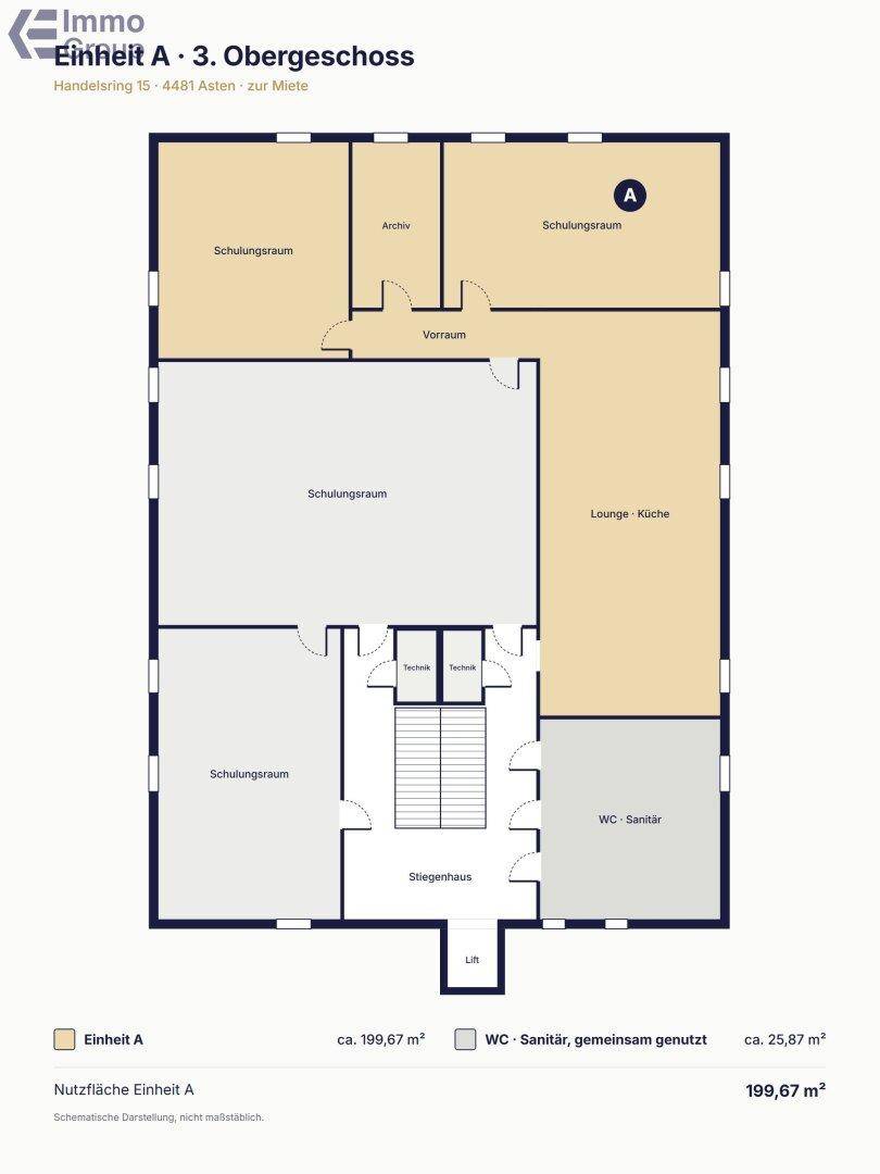 Grundriss des 3. Obergeschosses mit Schulungsräumen, Lounge-Küche und Sanitärbereich.