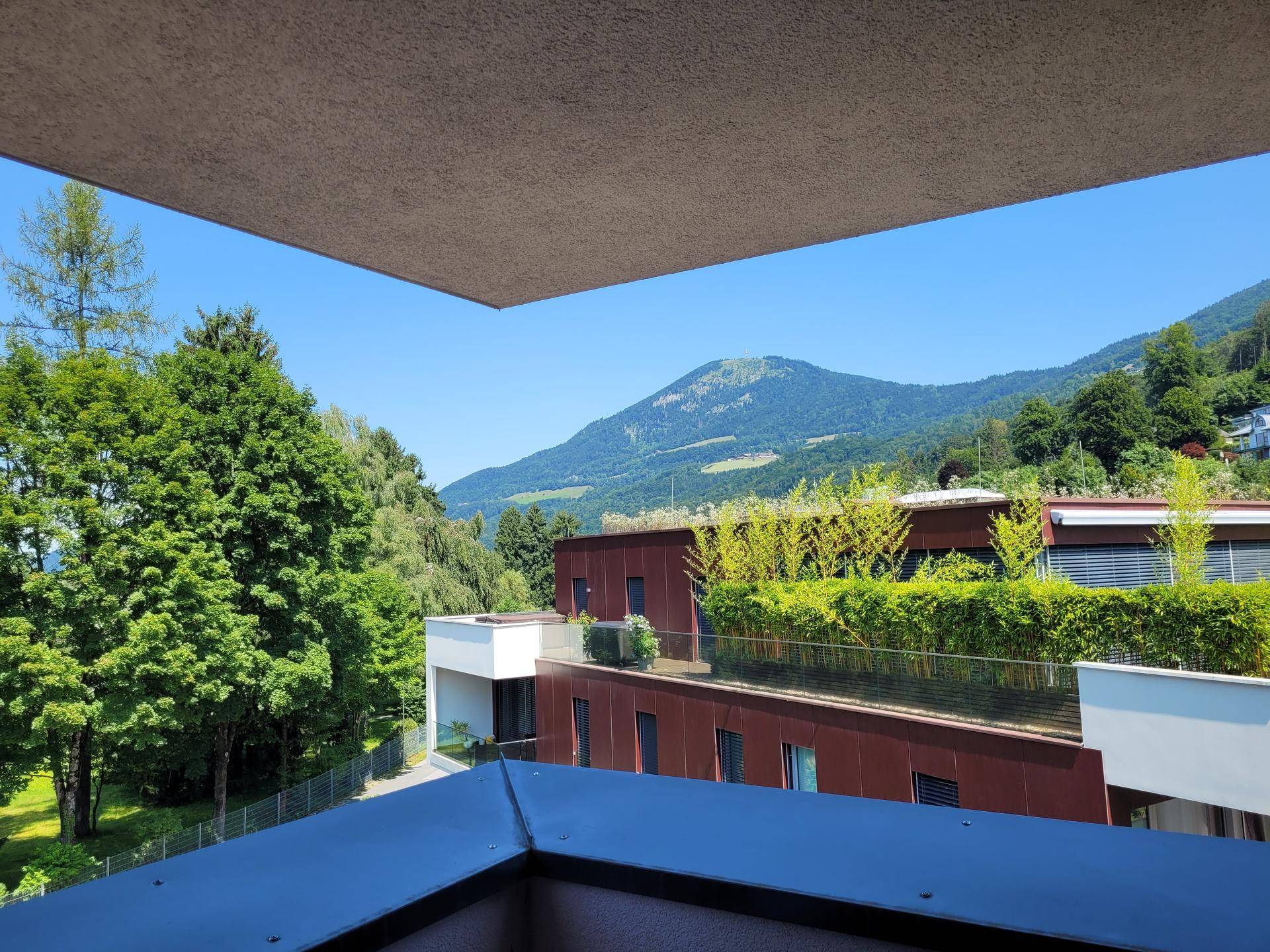 Panoramablick vom Balkon auf die umliegende Berglandschaft und grüne Umgebung.