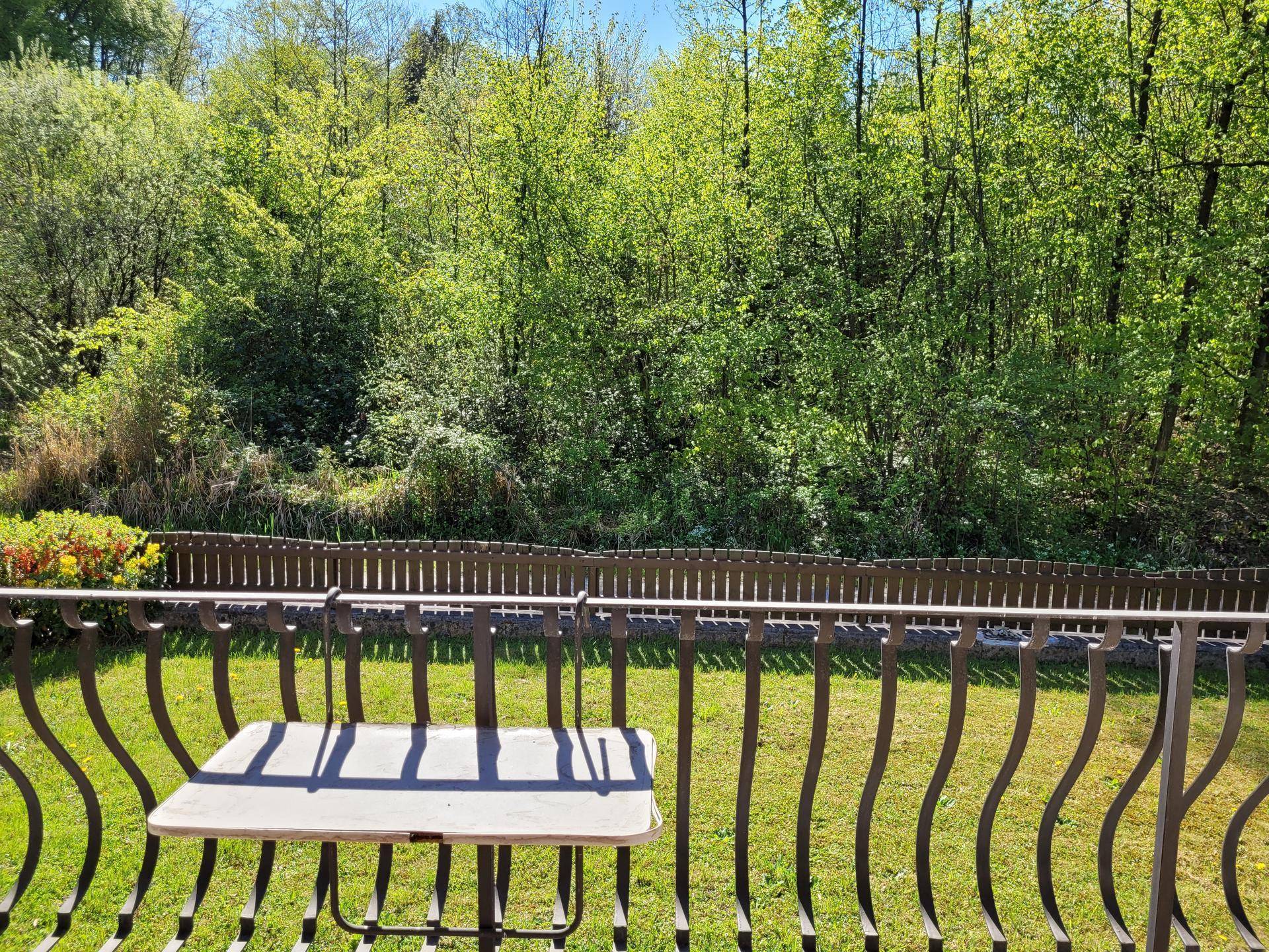 Kleiner Balkon mit schmiedeeisernem Geländer und idyllischem Blick auf die umliegende Natur.