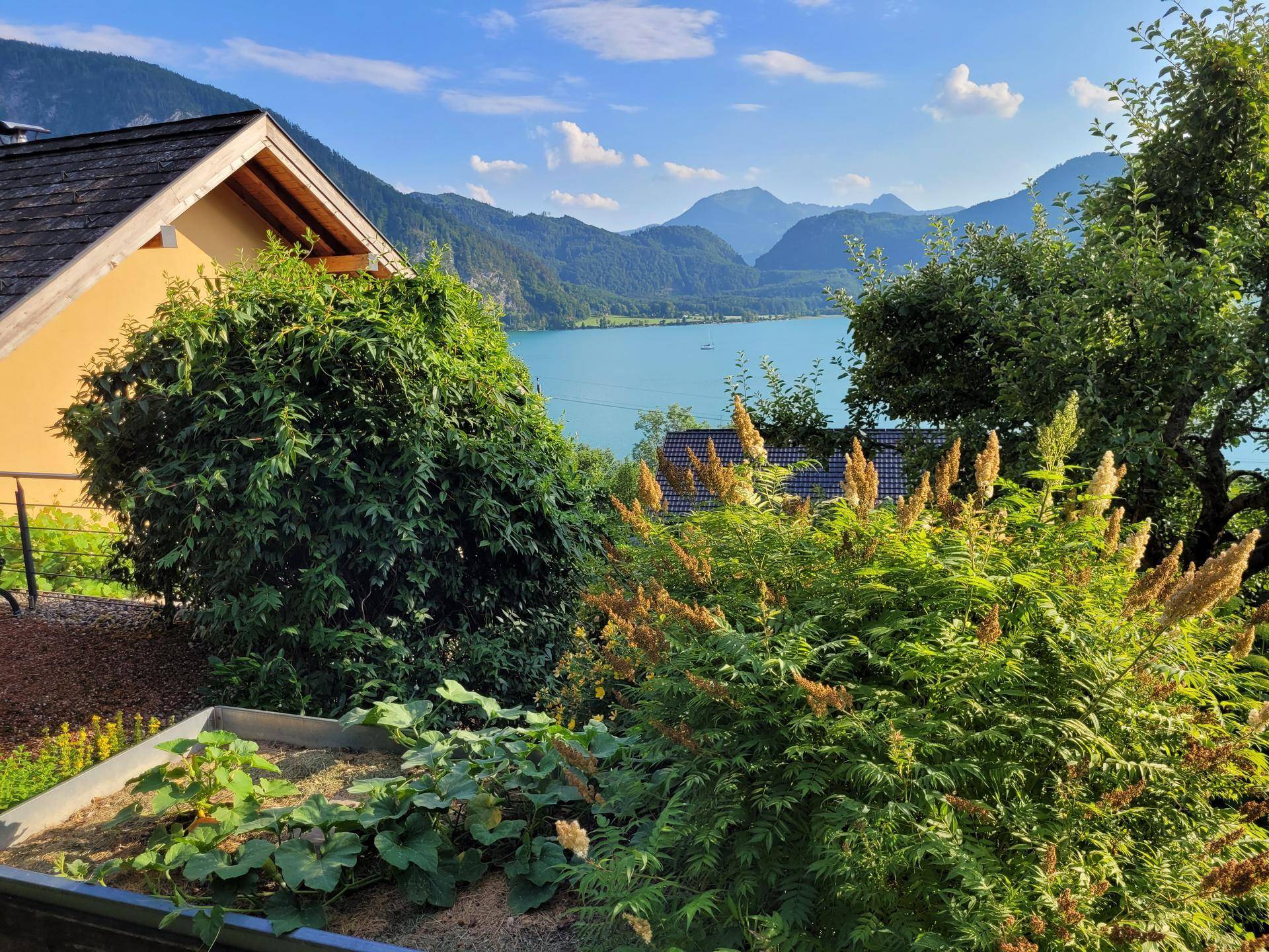 Gepflegter Gartenbereich mit Hochbeet und üppigen Sträuchern, bietet einen schönen Blick auf den See und die Berglandschaft.
