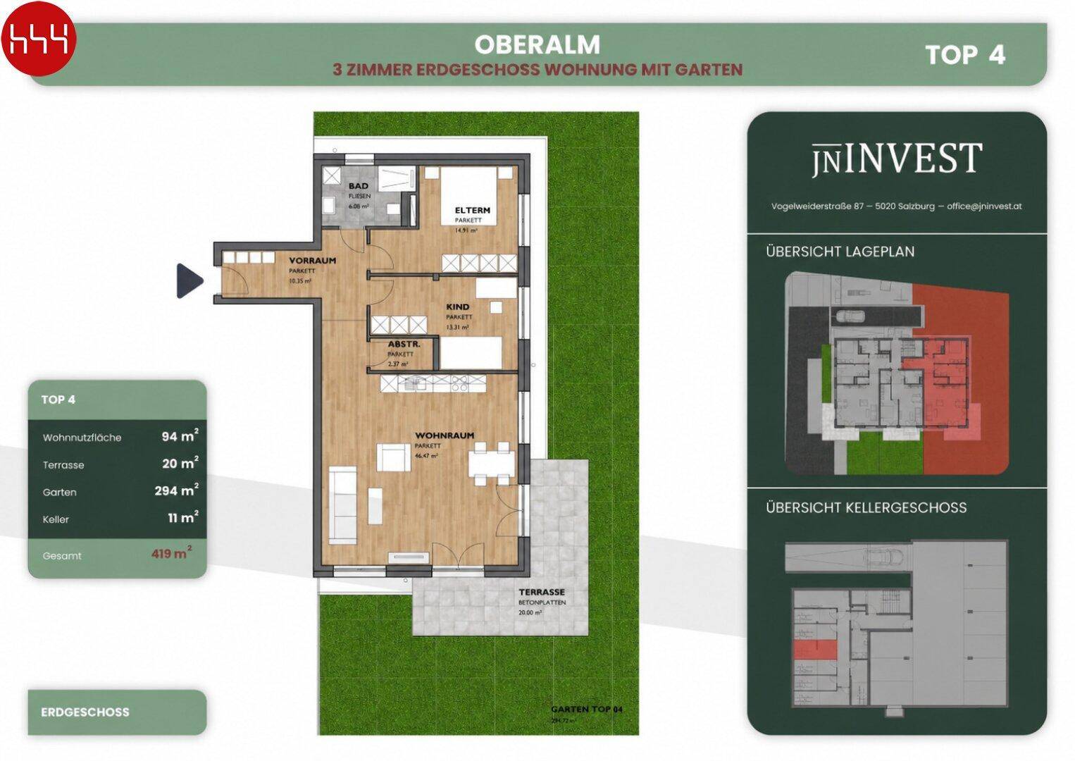 Grundriss einer Erdgeschosswohnung mit offenem Wohnbereich, Terrasse und großem Garten.