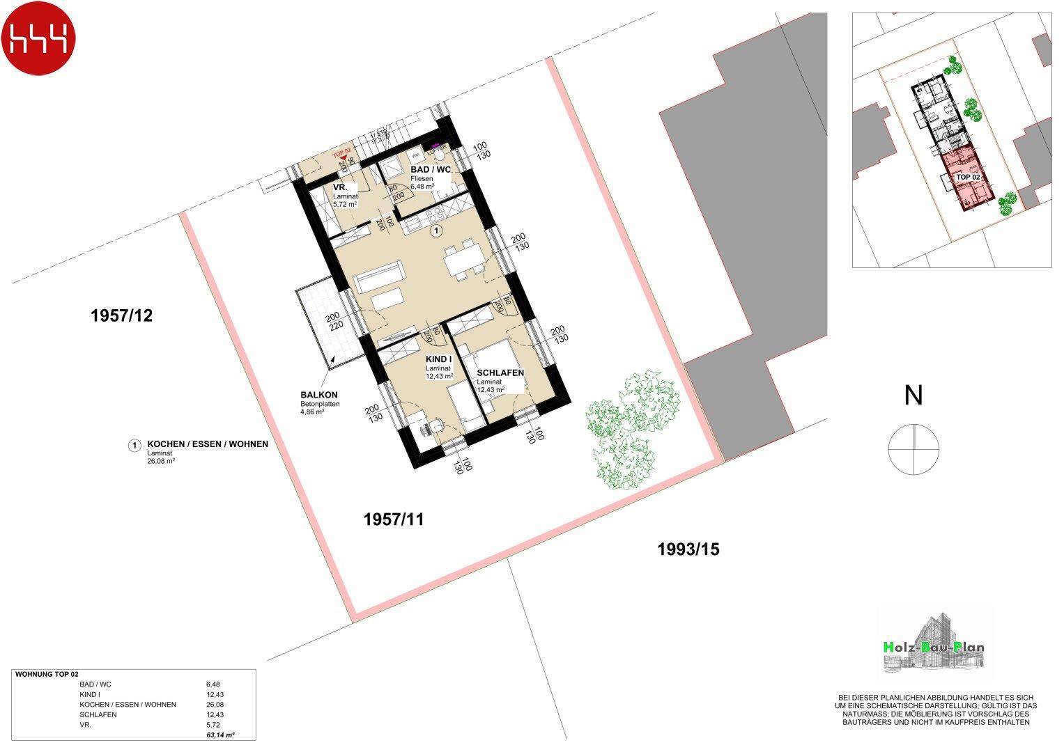 Grundriss einer Wohnung mit offenem Wohnbereich, zwei Schlafzimmern, Bad und Balkon.