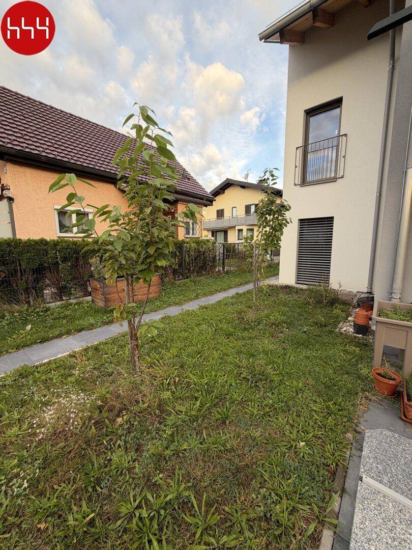 Kleiner Gartenbereich neben dem Haus mit jungem Baumbestand und Rasenfläche.