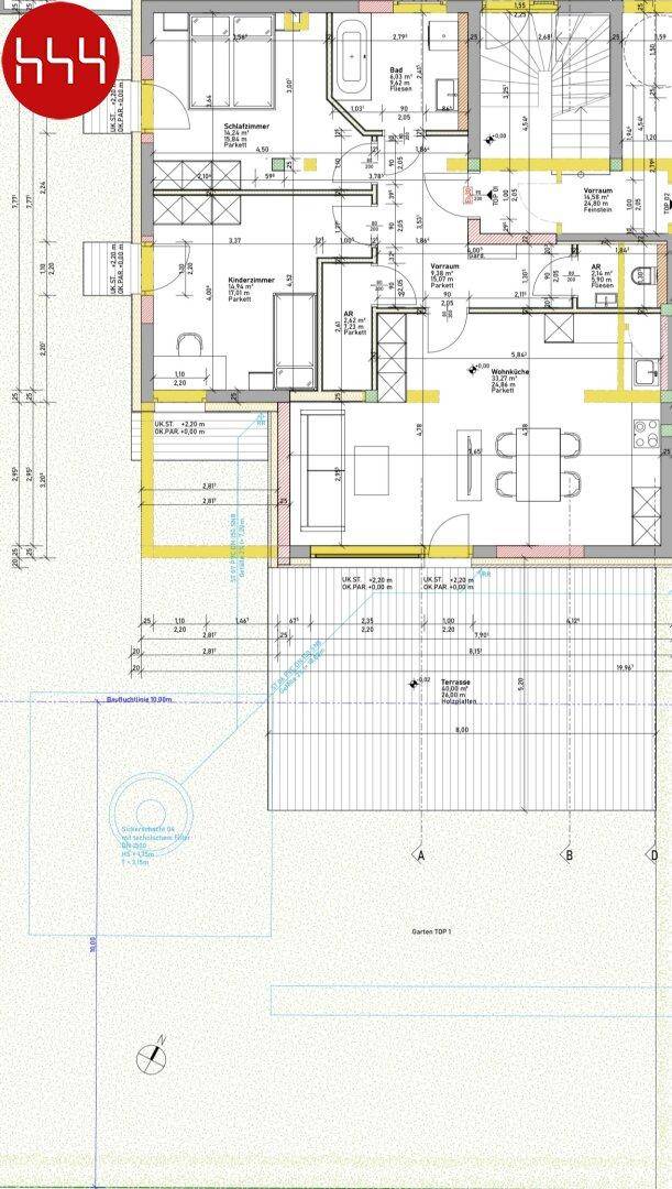 Detaillierter Grundriss einer Wohneinheit mit Schlafzimmern, Bädern, offenem Wohnbereich und Terrassenzugang.