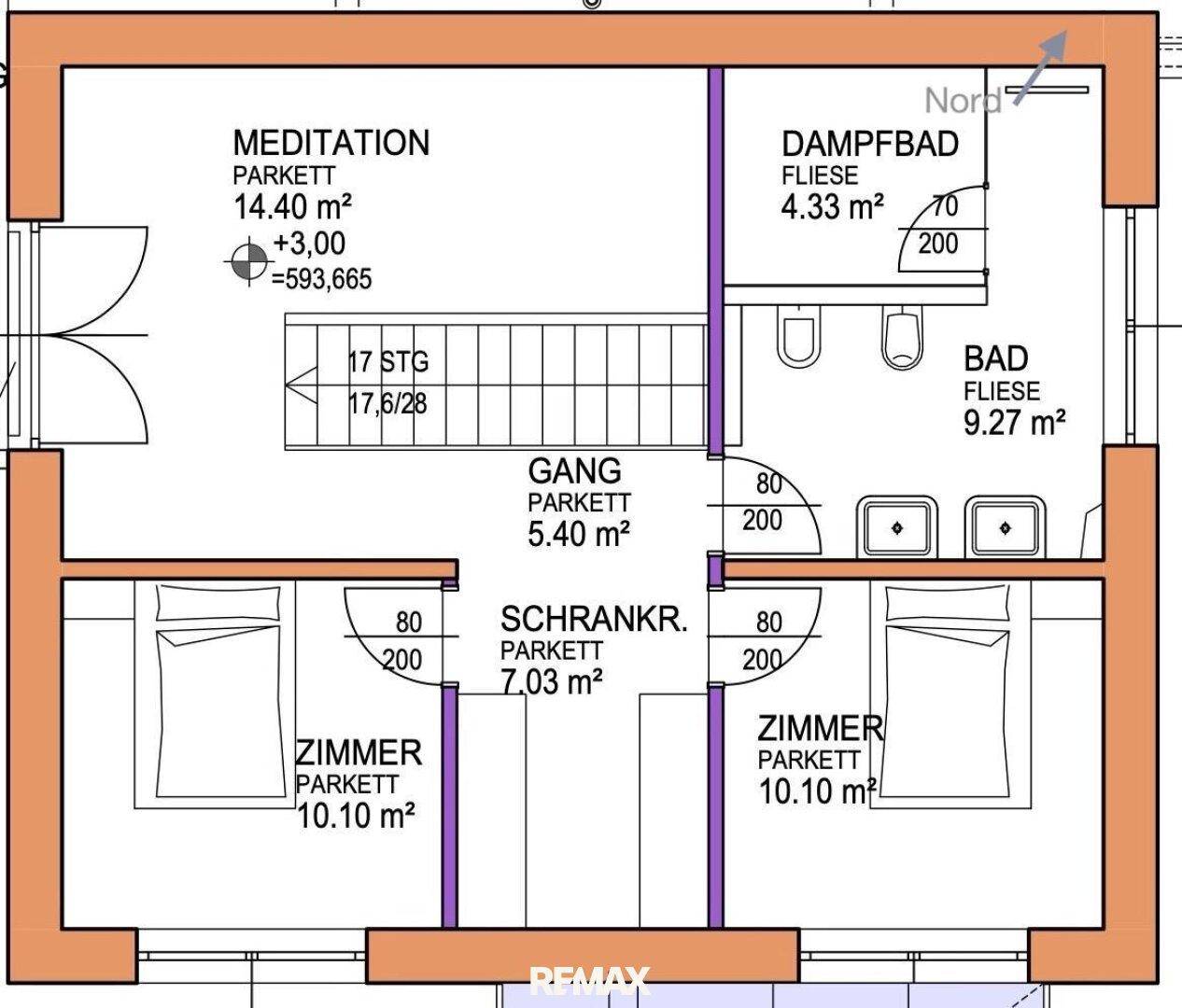 Grundriss des Obergeschosses mit Schlafzimmern, Badezimmer, Dampfbad und Meditationsraum.