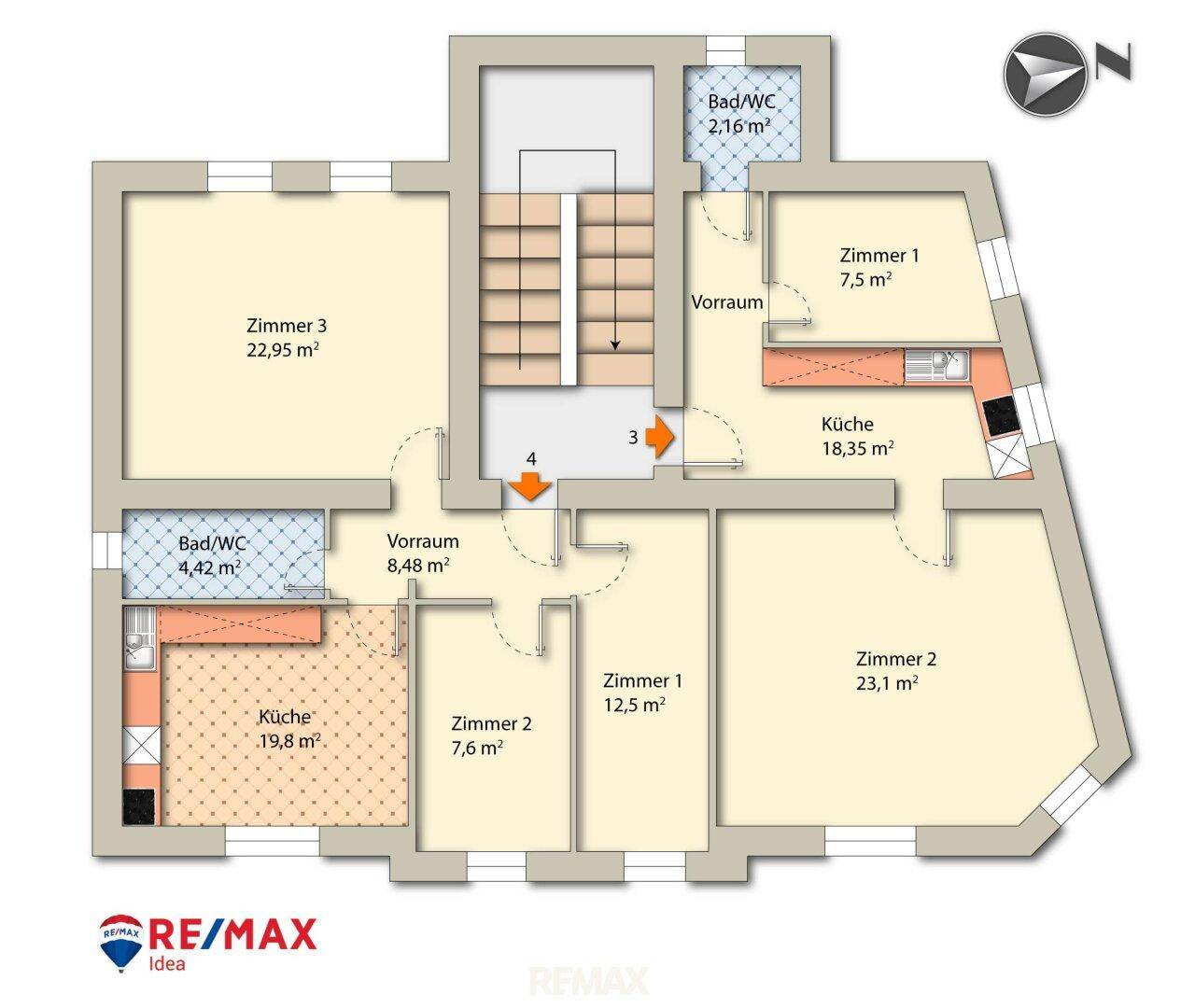 Grundriss einer Wohnung mit mehreren Zimmern, zwei Bädern und zwei Küchen, inklusive Flächenangaben.