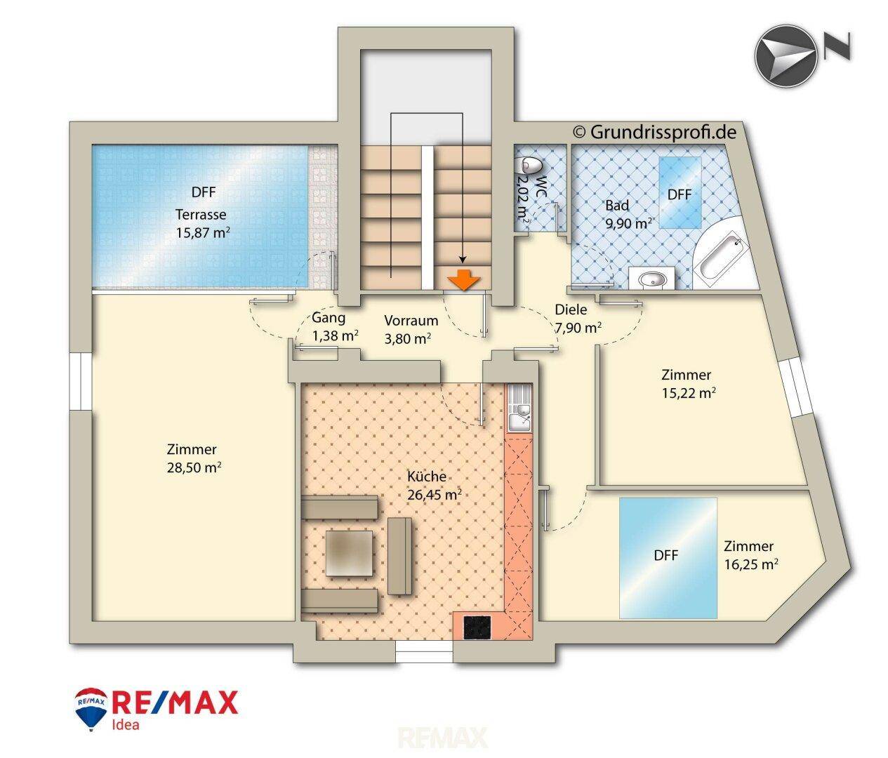 Grundriss einer weiteren Etage mit Zimmern, Küche, Bad, WC und einer großen Terrasse.