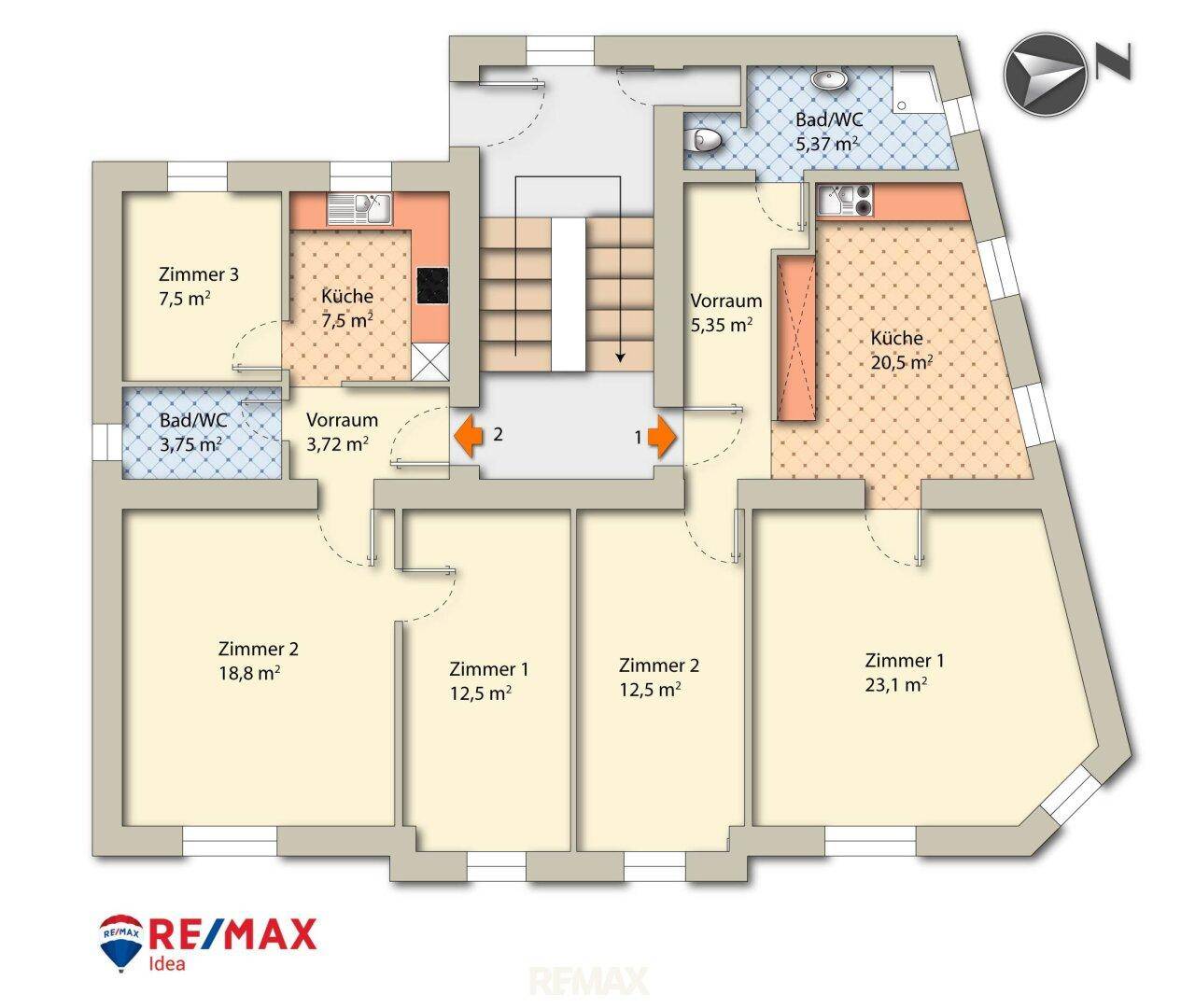 Detaillierter Grundriss einer Etage mit mehreren Zimmern, Küchen und Bädern, inklusive Flächenangaben.