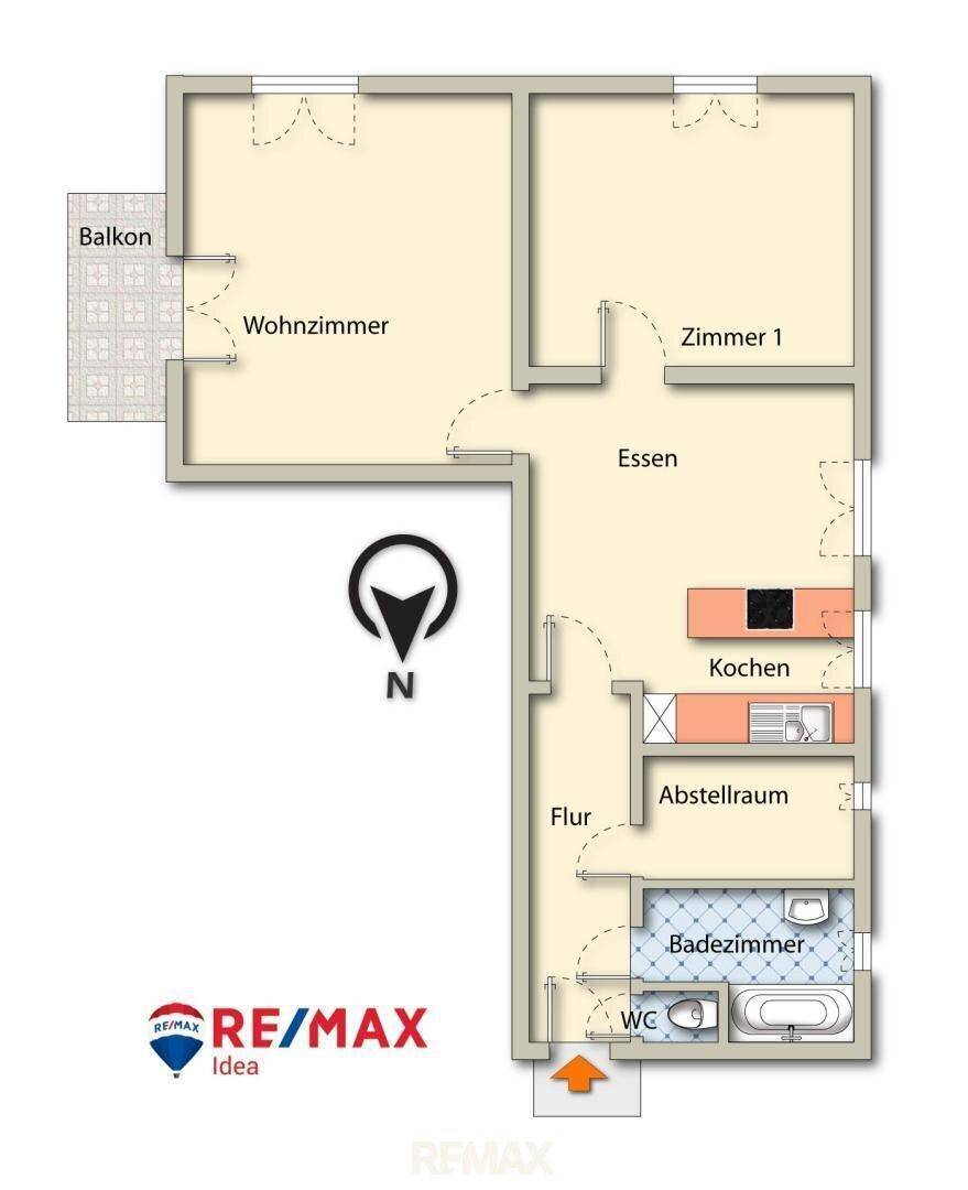 Detaillierter Grundriss der Wohnung mit Wohnzimmer, Küche, Bad und Balkon.