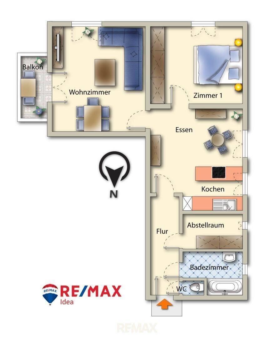 Grundriss der Wohnung mit Wohnzimmer, Schlafzimmer, Küche und Balkon.