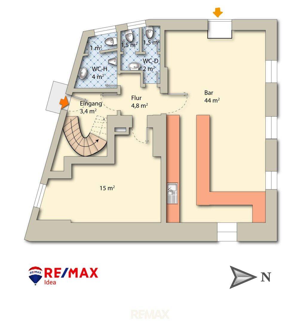 Grundriss des Erdgeschosses mit Bar, Flur und Toiletten.