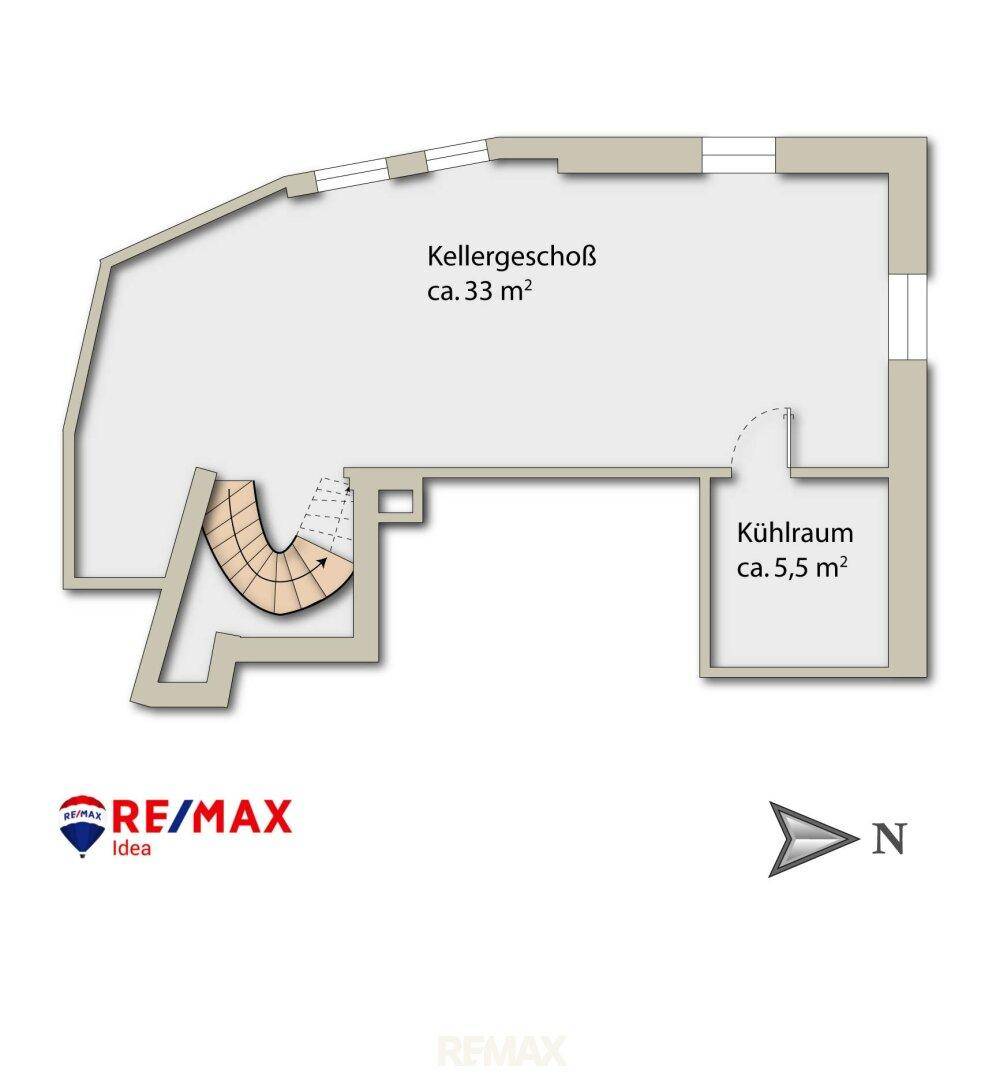 Grundriss des Kellergeschosses mit ca. 33 m² und einem separaten Kühlraum von ca. 5,5 m².