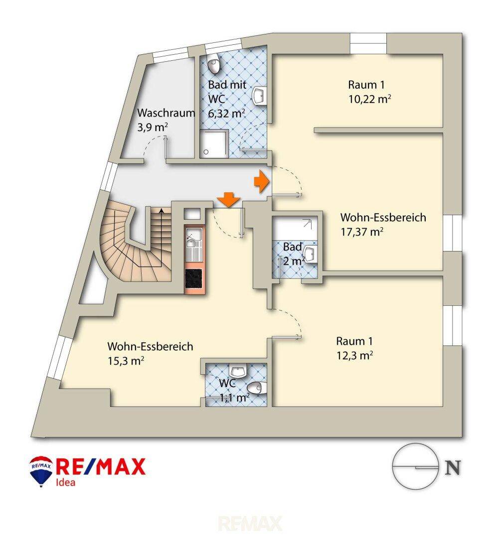 Grundriss des Obergeschosses mit zwei Wohn-Essbereichen, Schlafzimmern und mehreren Bädern.
