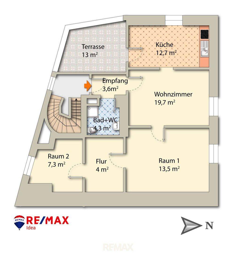 Grundriss der Wohnung mit Terrasse, Küche, Wohnzimmer und zwei weiteren Räumen.