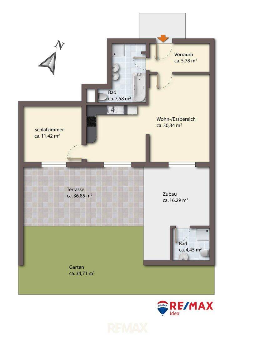 Grundriss mit Schlafzimmer, Bad, Wohn-Essbereich, großer Terrasse und Garten.