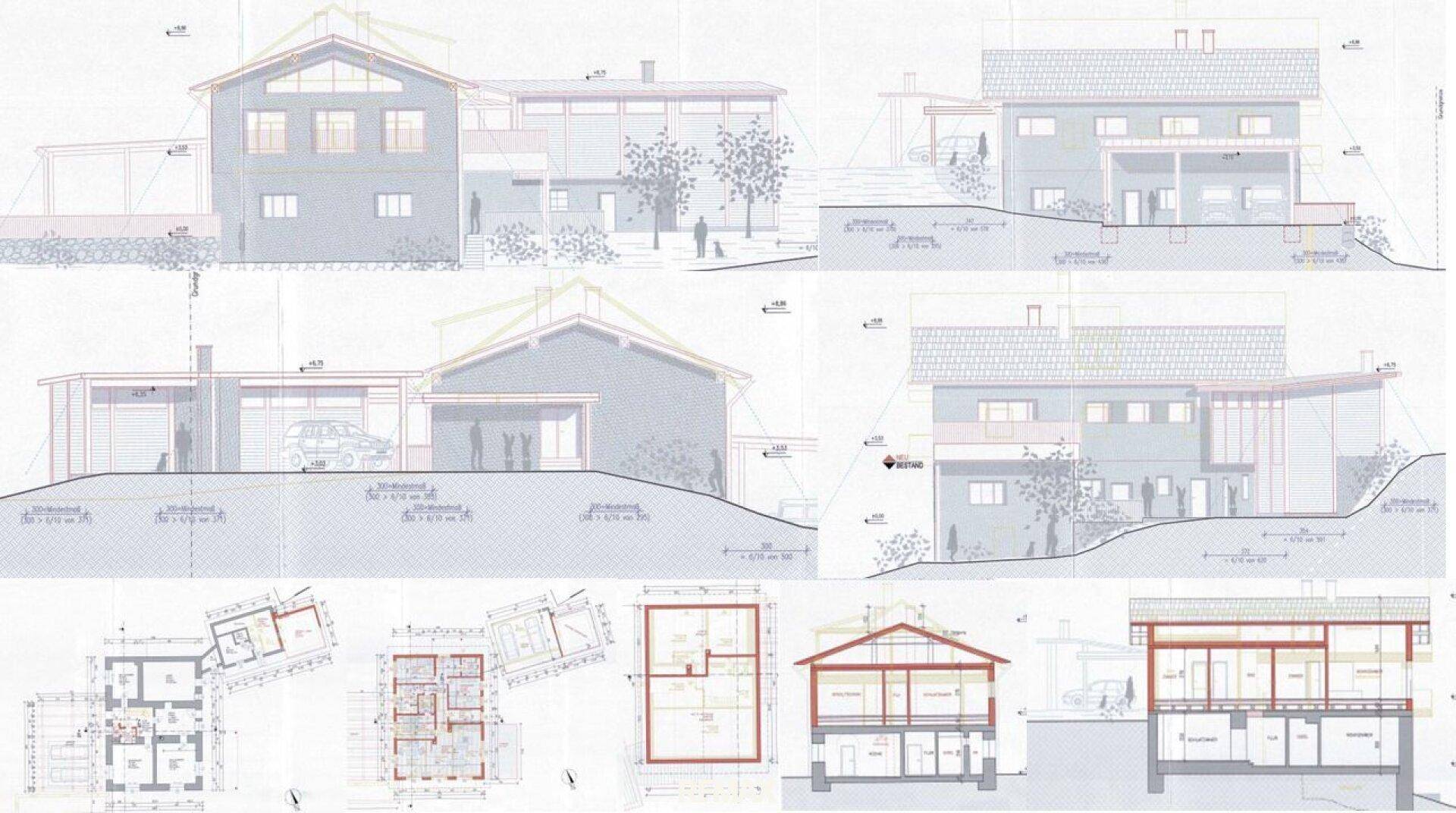 Umfassende architektonische Pläne mit Ansichten, Schnitten und Grundrissen des Gebäudes.