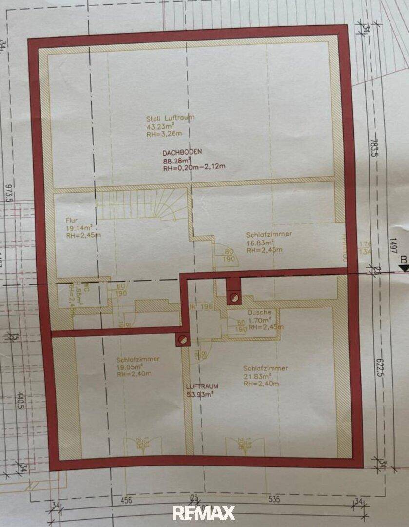 Grundriss des Dachgeschosses mit Schlafzimmern, Dusche und offenem Luftraum unter dem Dach.