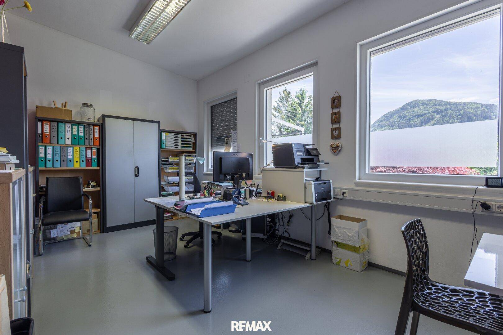 Helles Büro mit Blick ins Grüne und funktionaler Einrichtung.