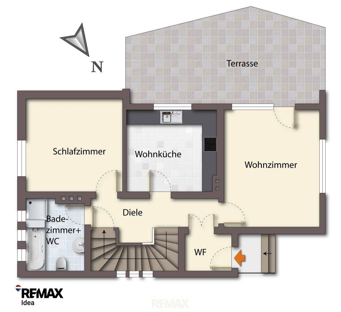Grundriss des Erdgeschosses mit Wohnküche, Wohnzimmer, Schlafzimmer und Zugang zur Terrasse.