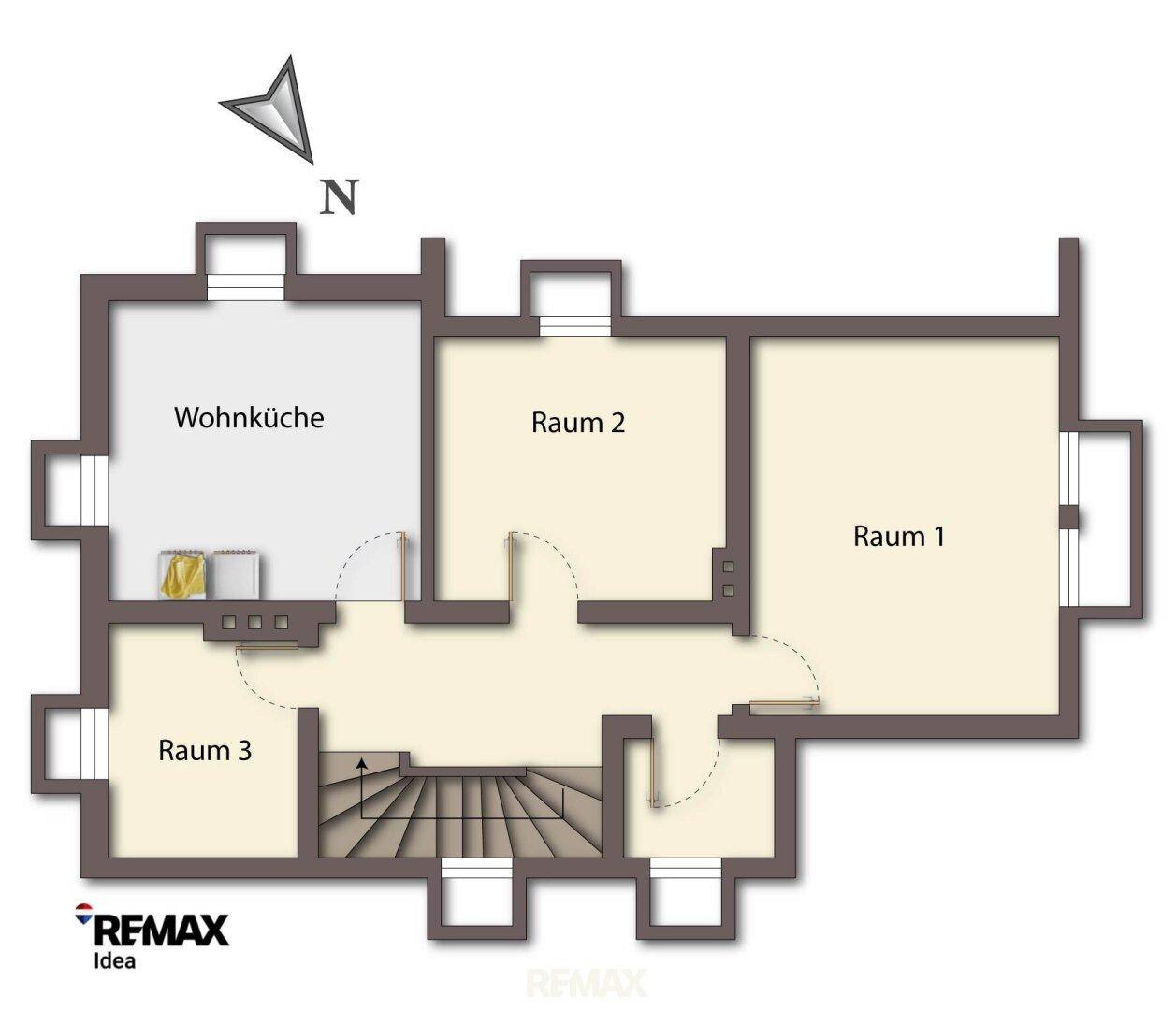Grundriss einer weiteren Etage mit Wohnküche und drei weiteren Räumen.