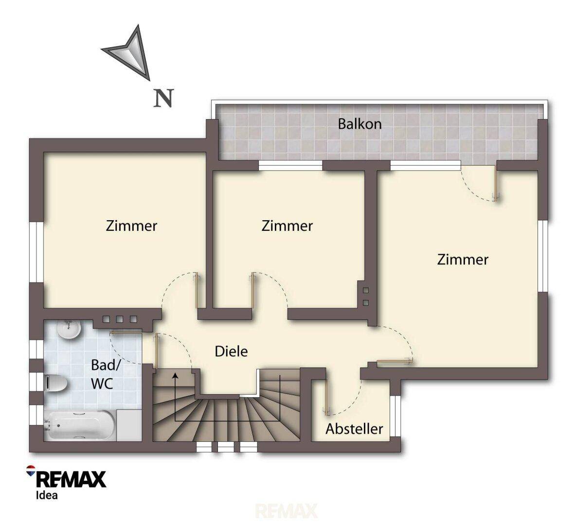 Grundriss des Obergeschosses mit drei Zimmern, Bad/WC und Balkon.