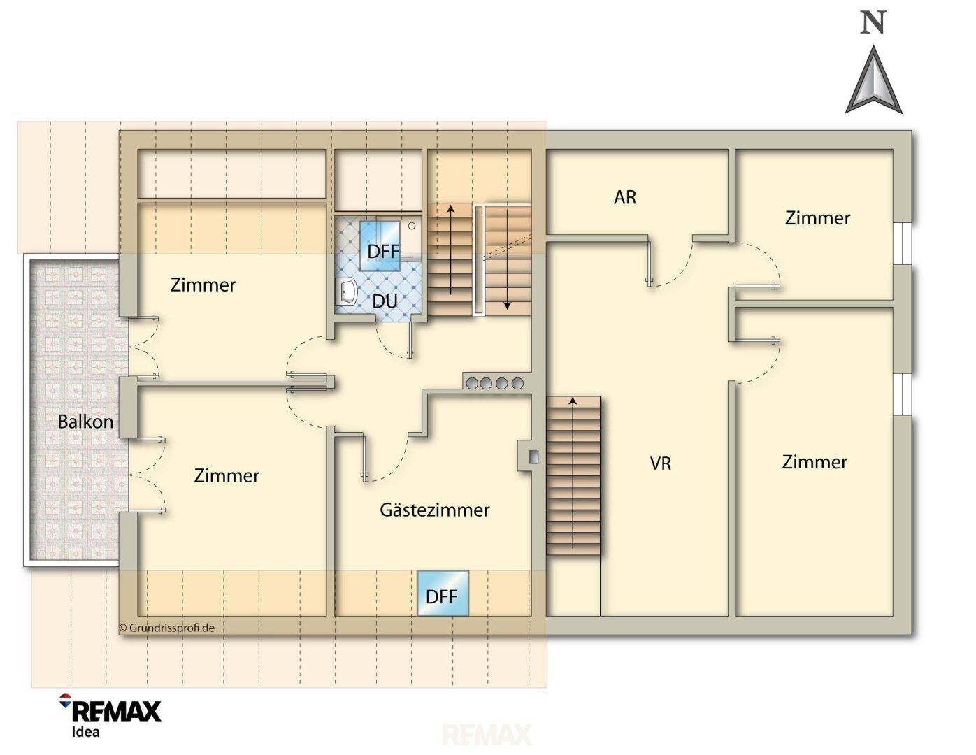 Grundriss des Dachgeschosses mit Zimmern, Bad, Dusche und Balkon, unter schrägen Dächern.