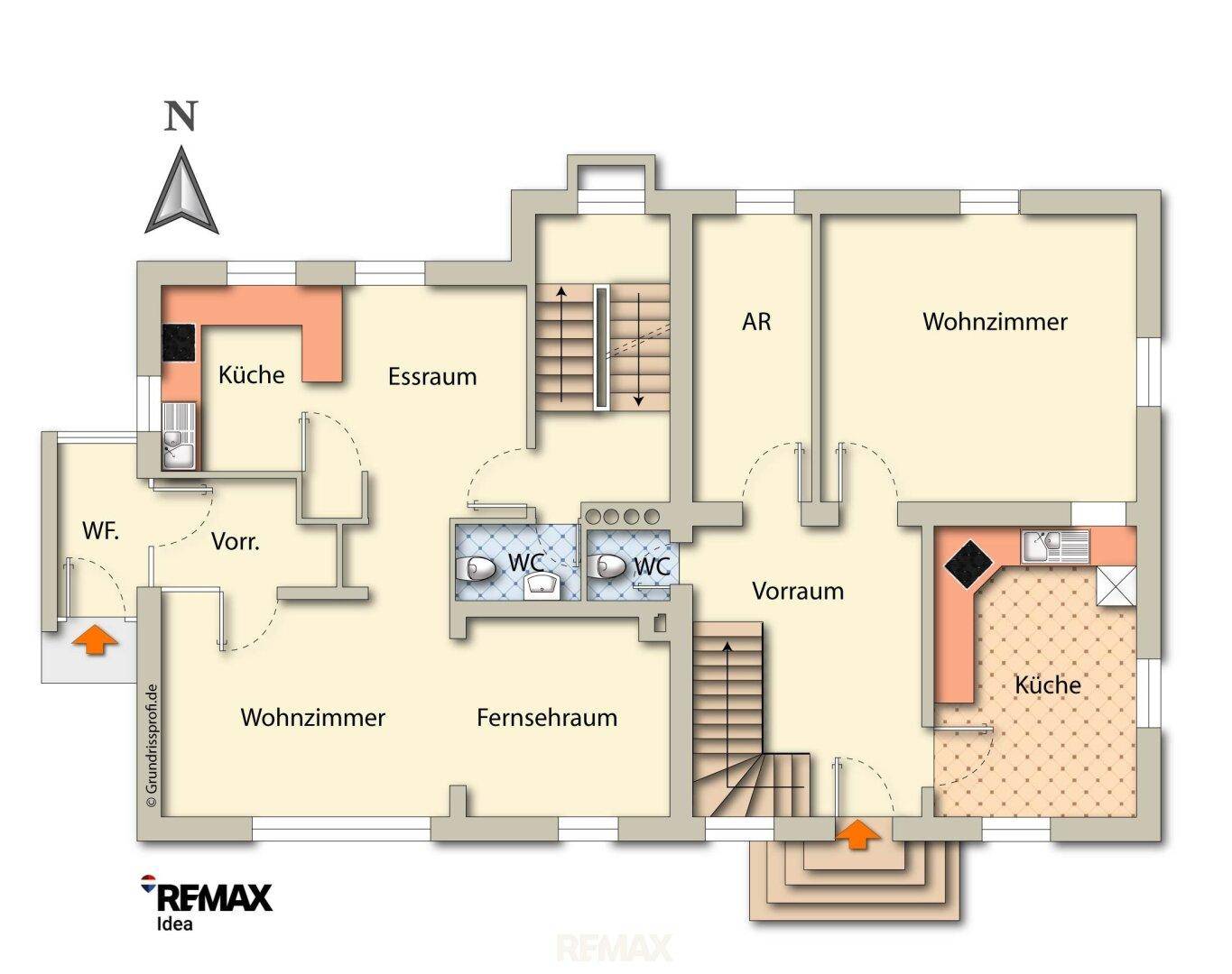 Grundriss des Erdgeschosses mit offenem Wohnbereich, zwei Küchen, Essraum und zwei WCs.