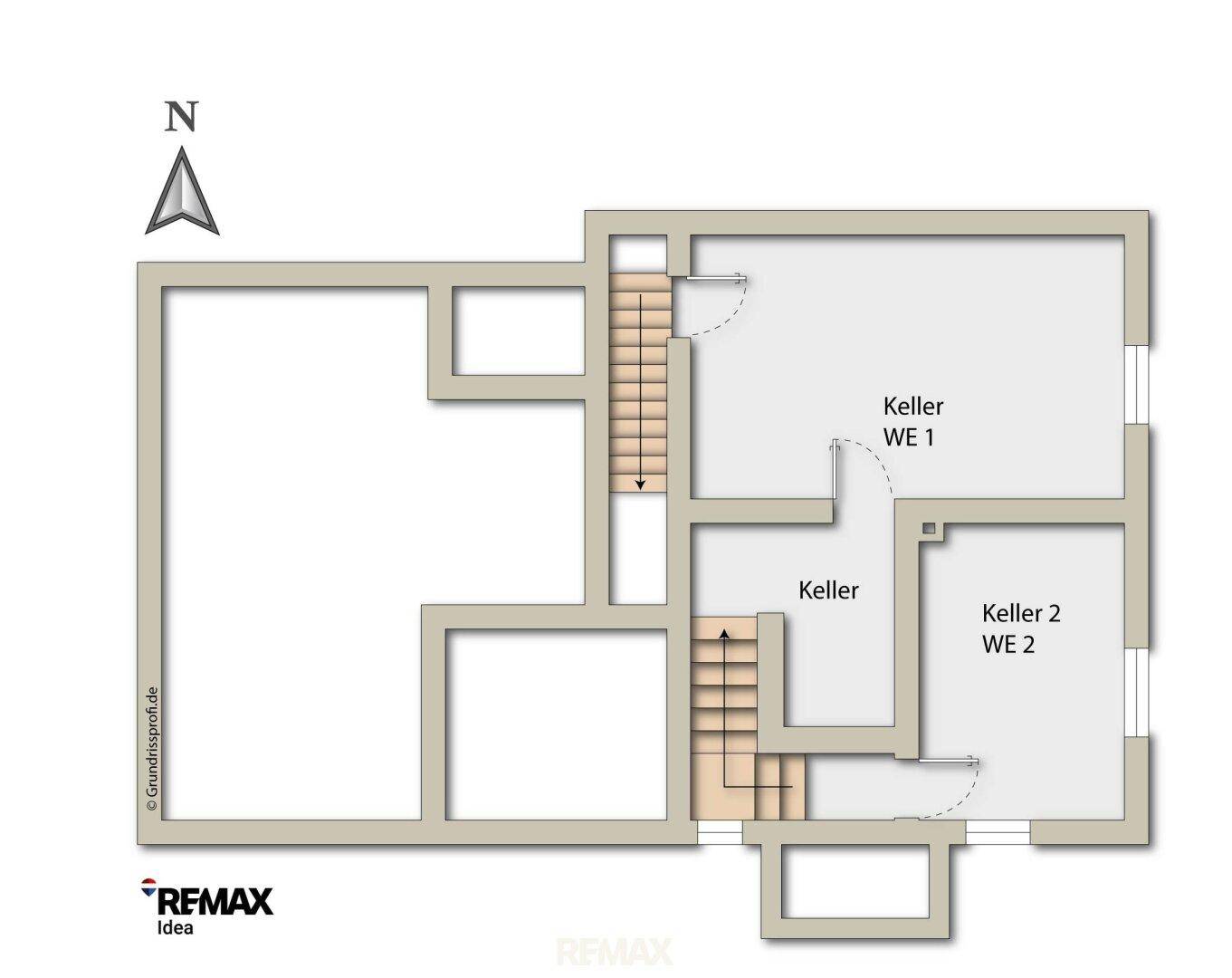 Grundriss des Kellers mit mehreren Kellerräumen und Treppenhaus, bietet viel Stauraum.