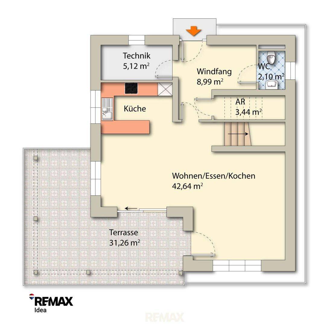 Grundriss des Erdgeschosses mit offenem Wohn-/Ess-/Kochbereich, Terrasse und WC.