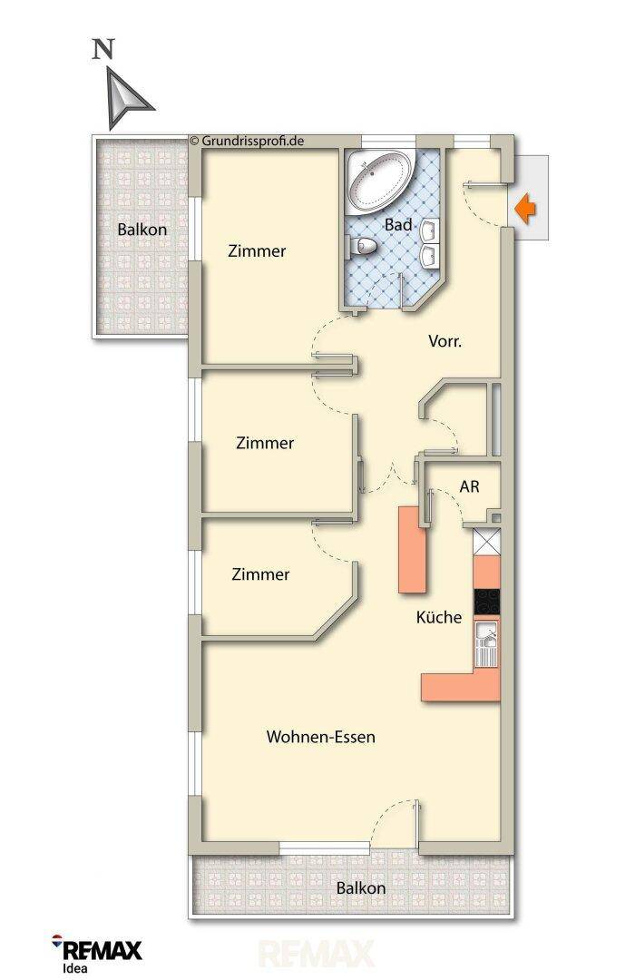 Grundriss der Wohnung mit Wohn-Essbereich, Küche, Bad und zwei Balkonen.