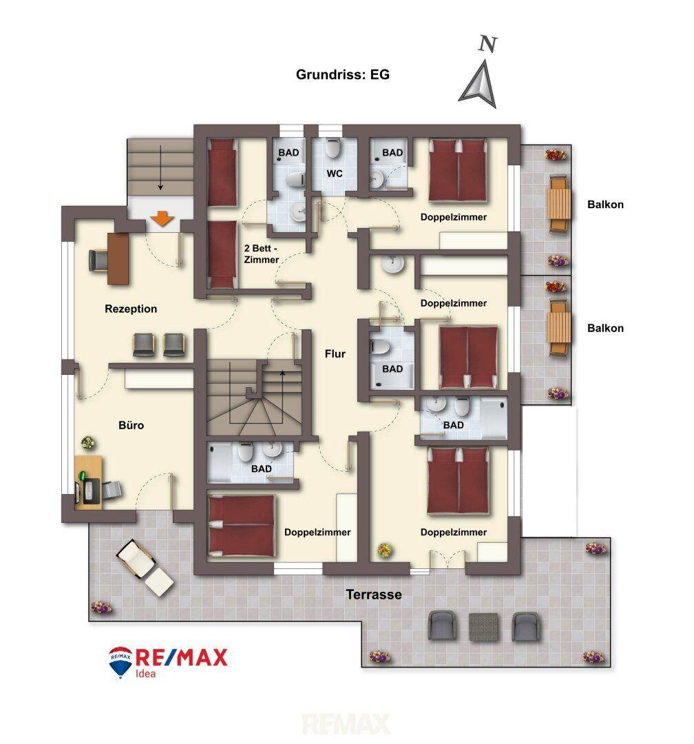 Grundriss des Erdgeschosses mit Rezeption, Büro, mehreren Doppelzimmern, Bädern und großer Terrasse.