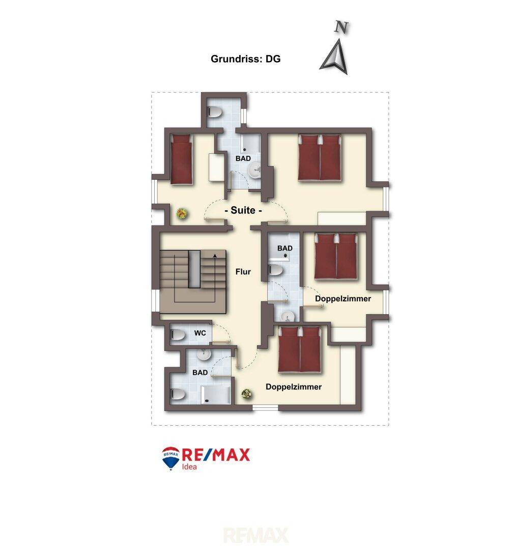Grundriss des Dachgeschosses mit Suite, Doppelzimmern, Bädern, separatem WC und Zugang zur Treppe.