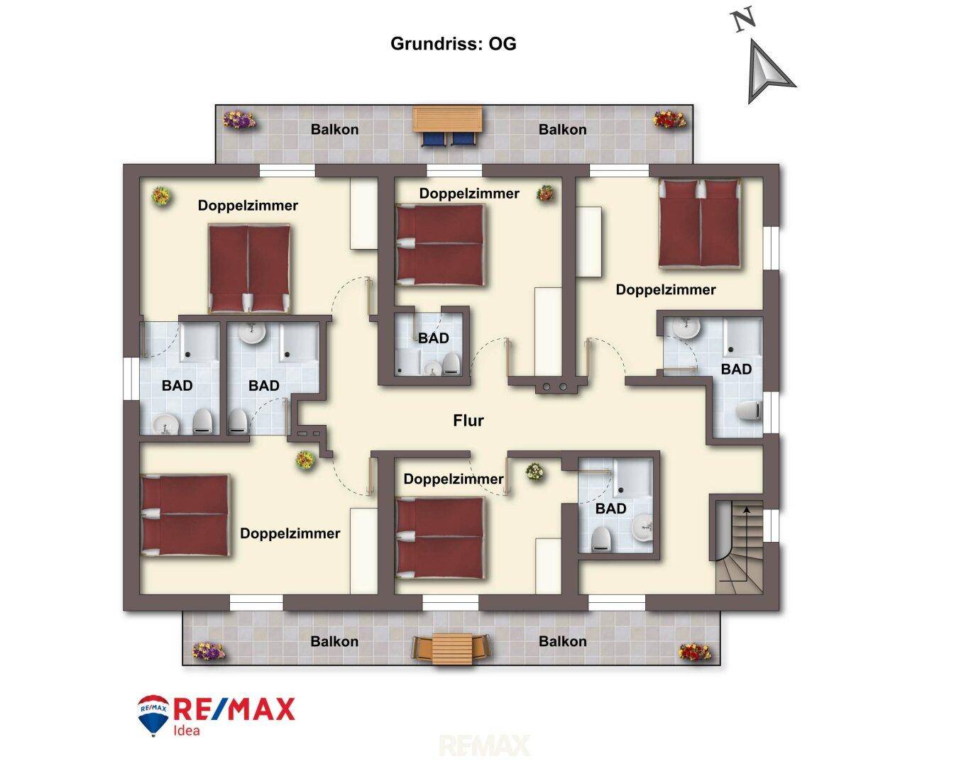Grundriss des Obergeschosses mit mehreren Doppelzimmern, Bädern und Balkonen.