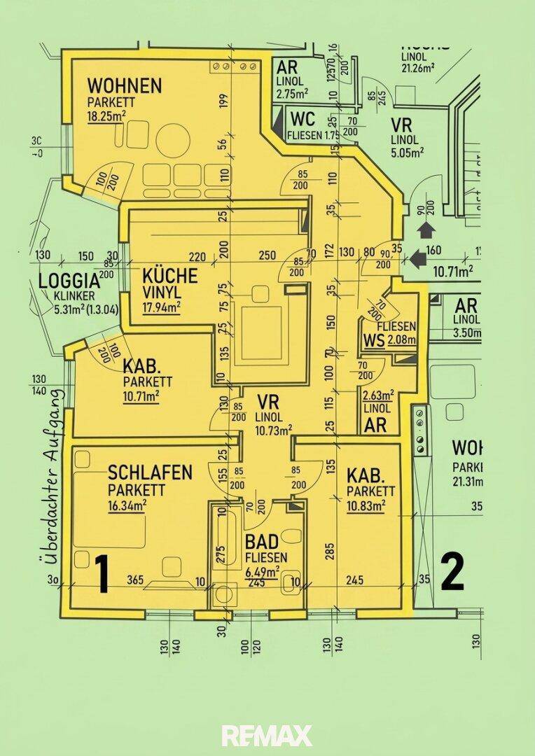 Grundriss der Wohnung mit Wohnzimmer, Küche, Schlafzimmern und Loggia.