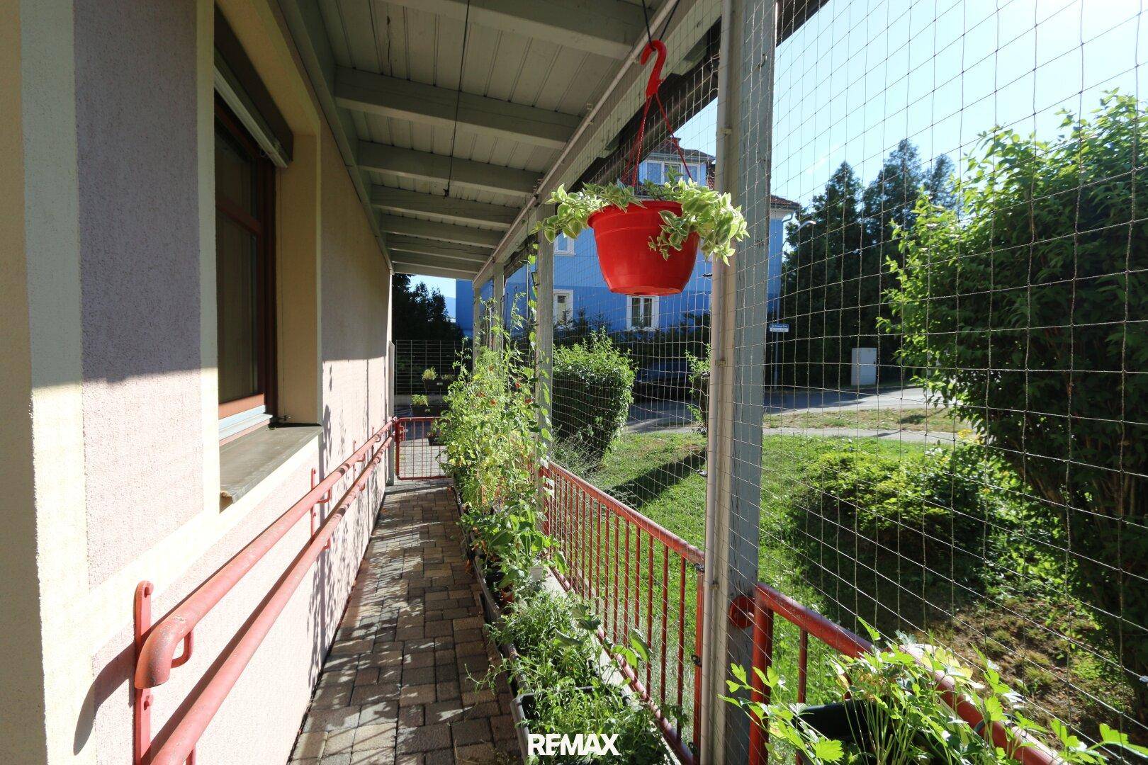 Langer Balkon mit Pflanzen und Sicherheitsnetz, bietet einen Blick auf die Umgebung.