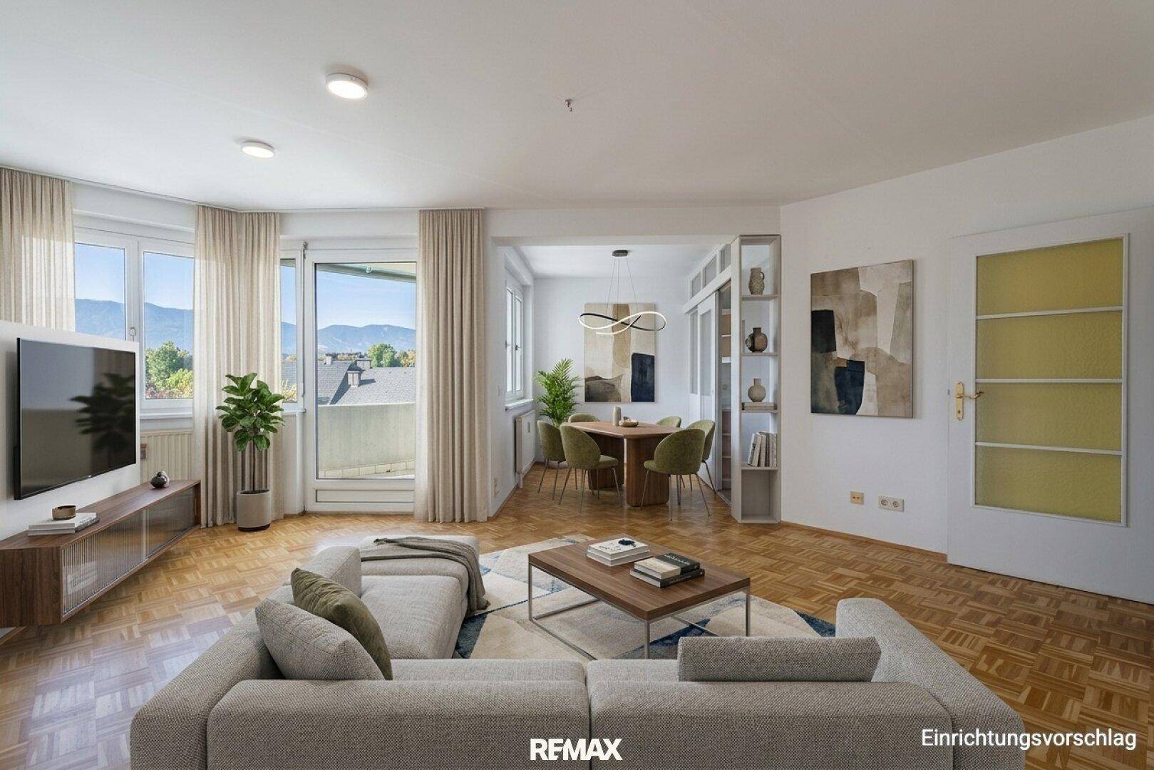 Virtuell möblierter Wohn- und Essbereich mit modernem Design und Zugang zum Balkon.