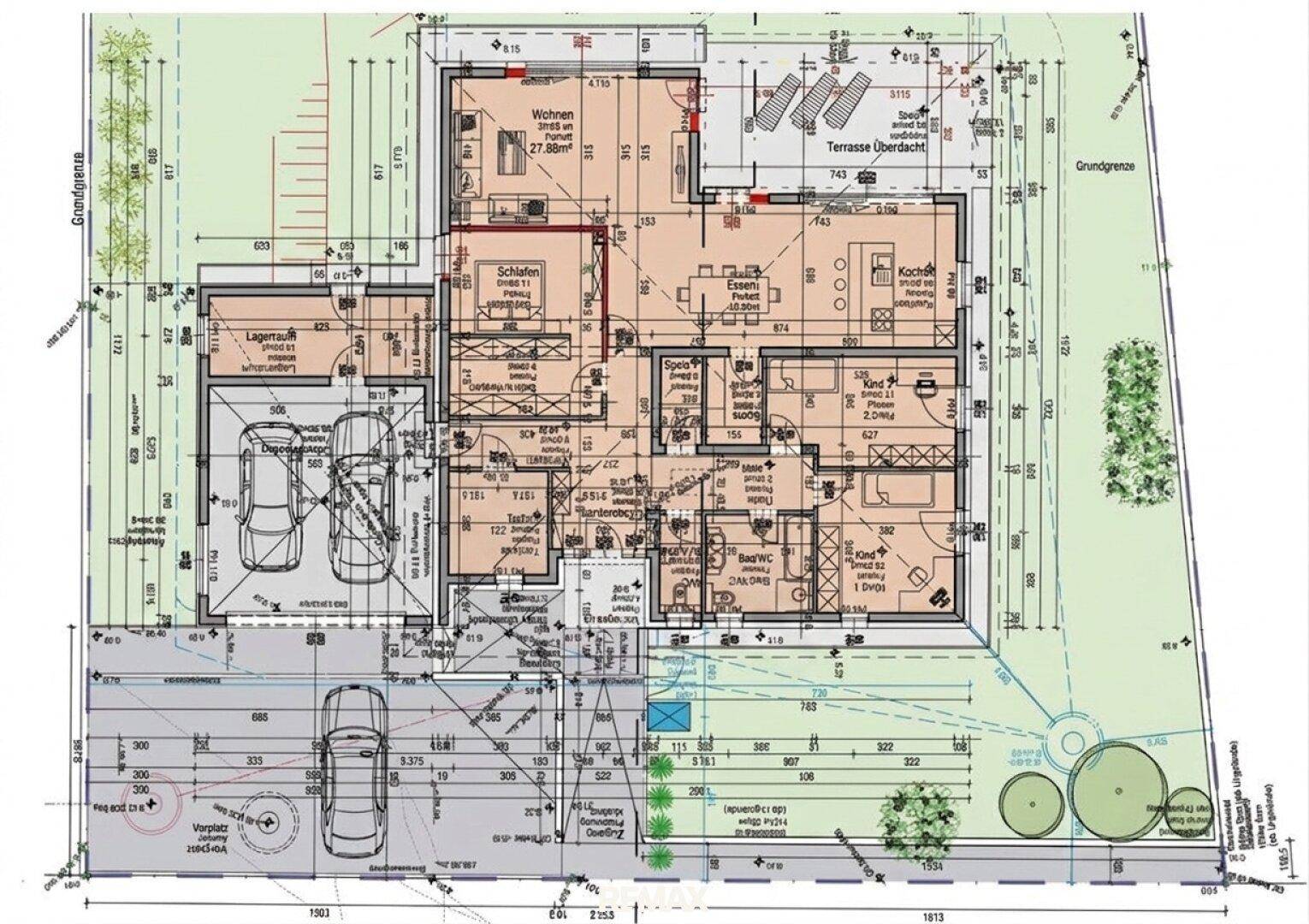 Detaillierter Grundriss des Erdgeschosses mit Raumaufteilung, Terrasse und Carport.