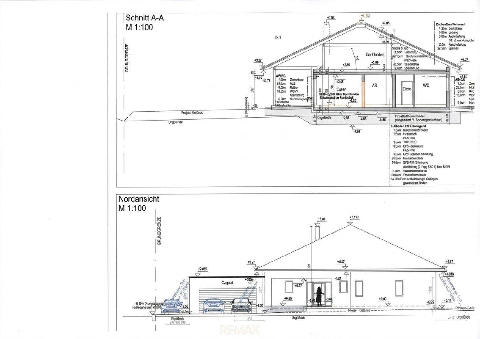 Schnittzeichnung und Nordansicht des Hauses mit Carport und Einblicken in die Dachkonstruktion.