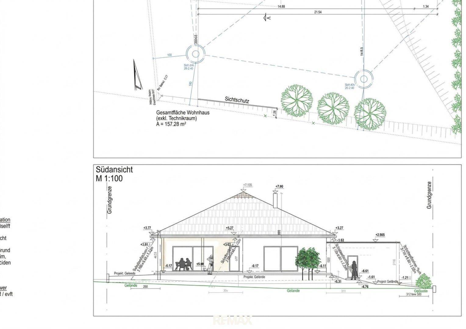 Grundriss und Südansicht des Hauses mit Grundstücksaufteilung und geplanten Außenbereichen.